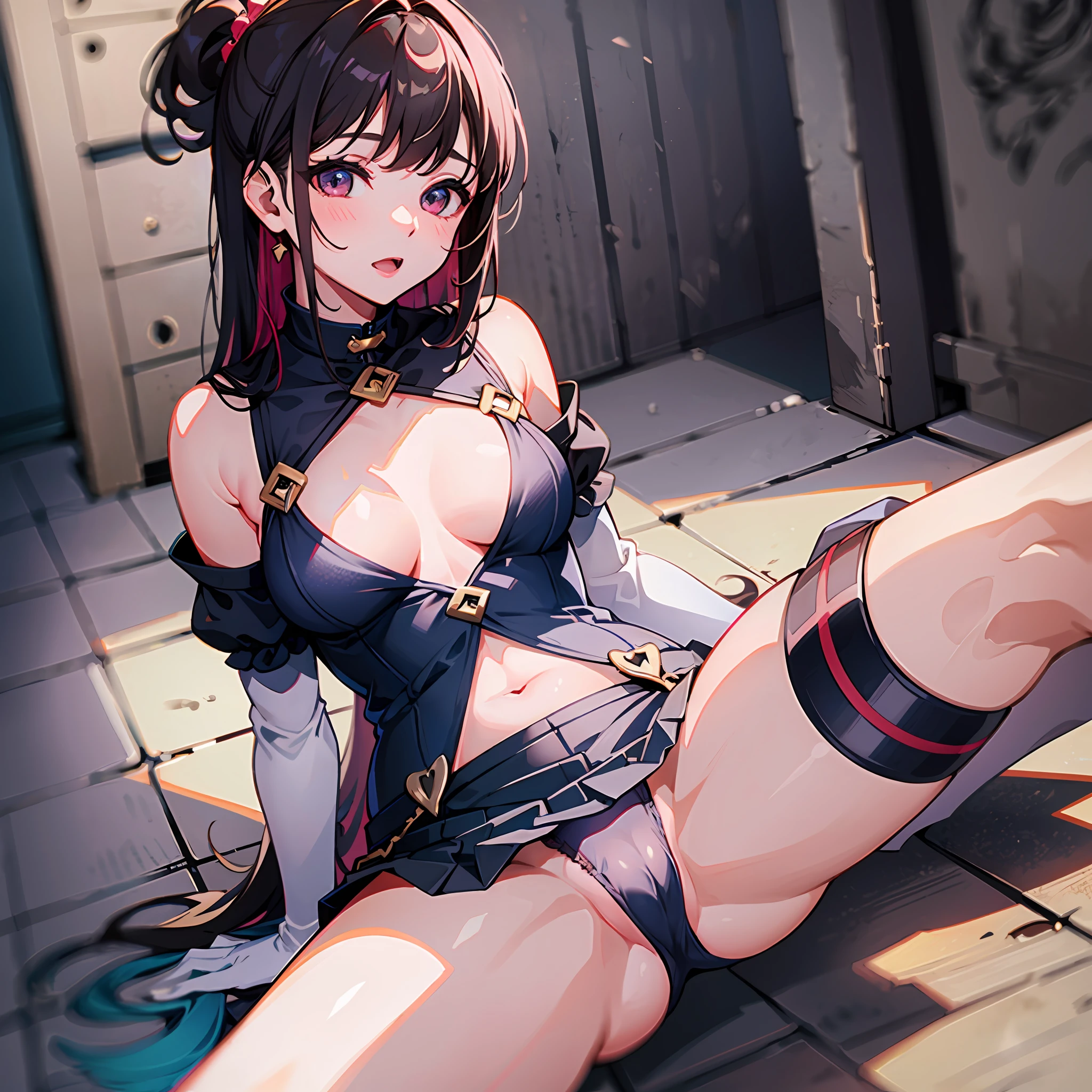 high-detail、high-level image quality、masterpiece、hutaodef、(small tits))、eager pet pose、alleyway、Spread legs、teats see through、The cleft in the crotch can be seen through