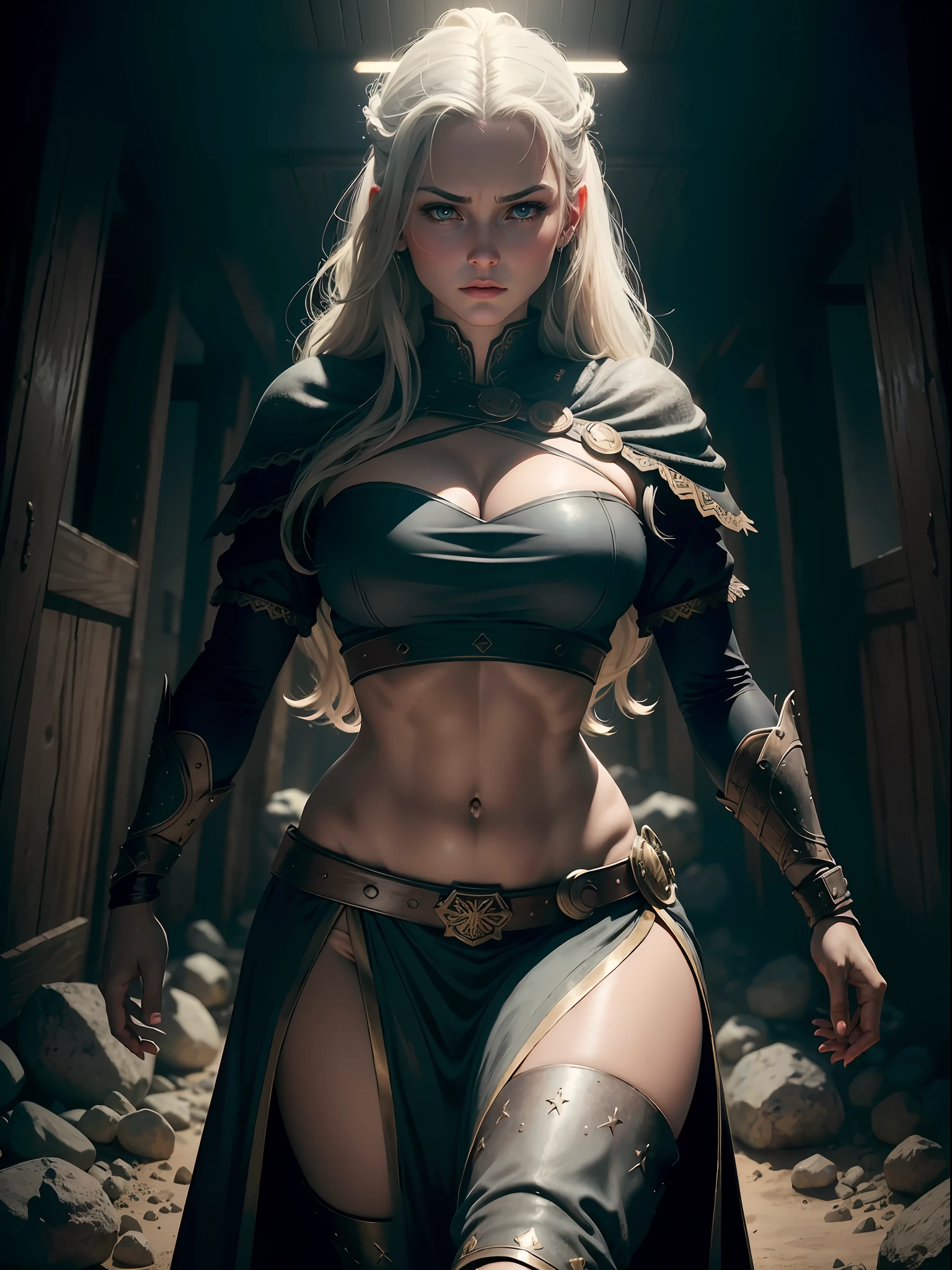 obra-prima, melhor qualidade, Cinematographic photo, anatomicamente correto, corpo inteiro, Rosto realista, textura de pele real, digital art illustration, Femme fatale, mulher de 30 anos, pale skinned, Polish, pronounced feminine features, (alongamento), cabelo ruivo liso, Seios enormes, guerreira viking, dark illustration style, (8k, dynamic compositing, fotorrealista, foco nítido), plano de fundo elaborado, cinemactic, thirds rule, luz de fundo, grain of film, detalhes intrincados, detalhes finos,