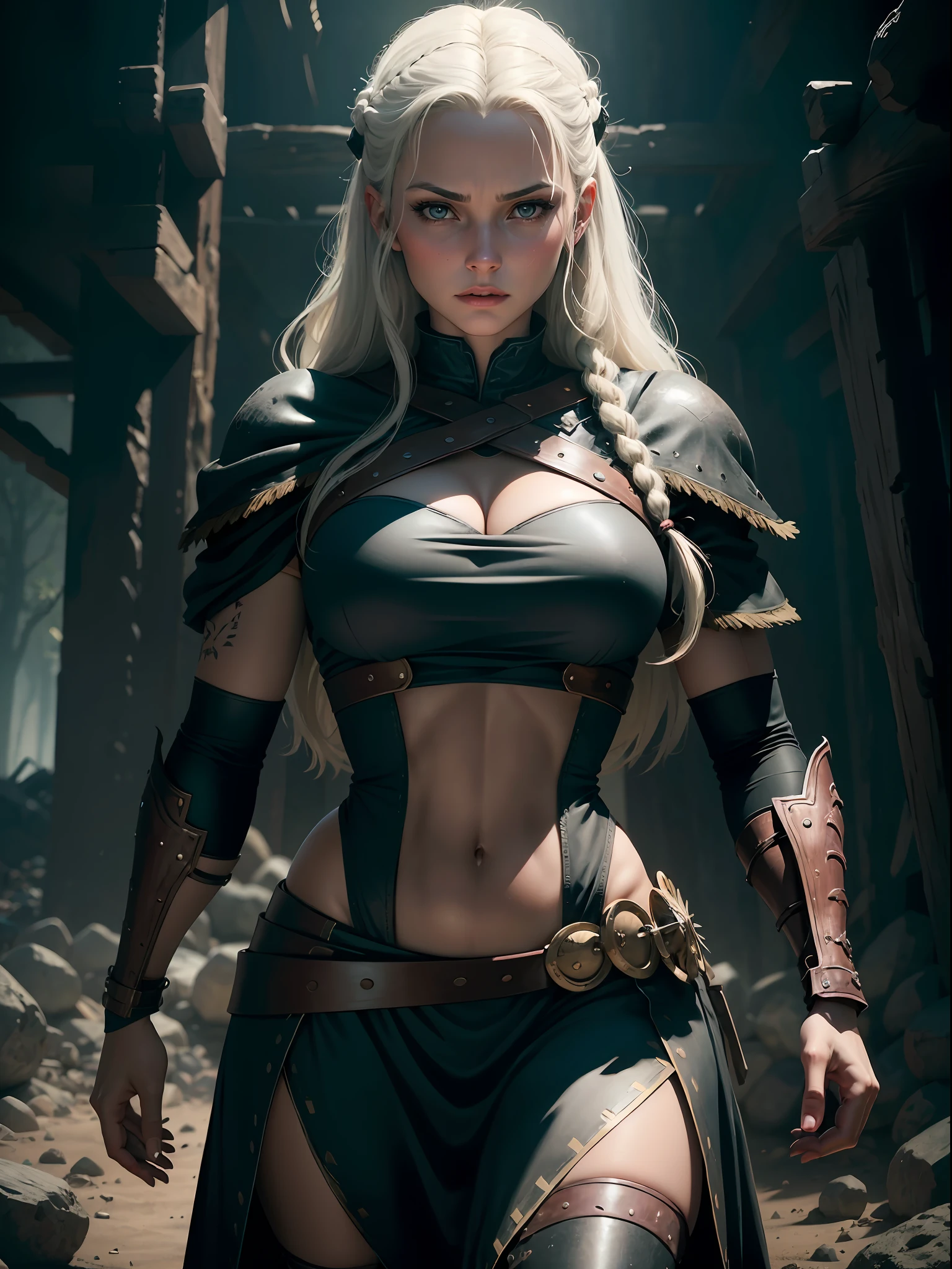 obra-prima, melhor qualidade, Cinematographic photo, anatomicamente correto, corpo inteiro, Rosto realista, textura de pele real, digital art illustration, Femme fatale, mulher de 30 anos, pale skinned, Polish, pronounced feminine features, (alongamento), cabelo ruivo liso, Seios enormes, guerreira viking, dark illustration style, (8k, dynamic compositing, fotorrealista, foco nítido), plano de fundo elaborado, cinemactic, thirds rule, luz de fundo, grain of film, detalhes intrincados, detalhes finos,