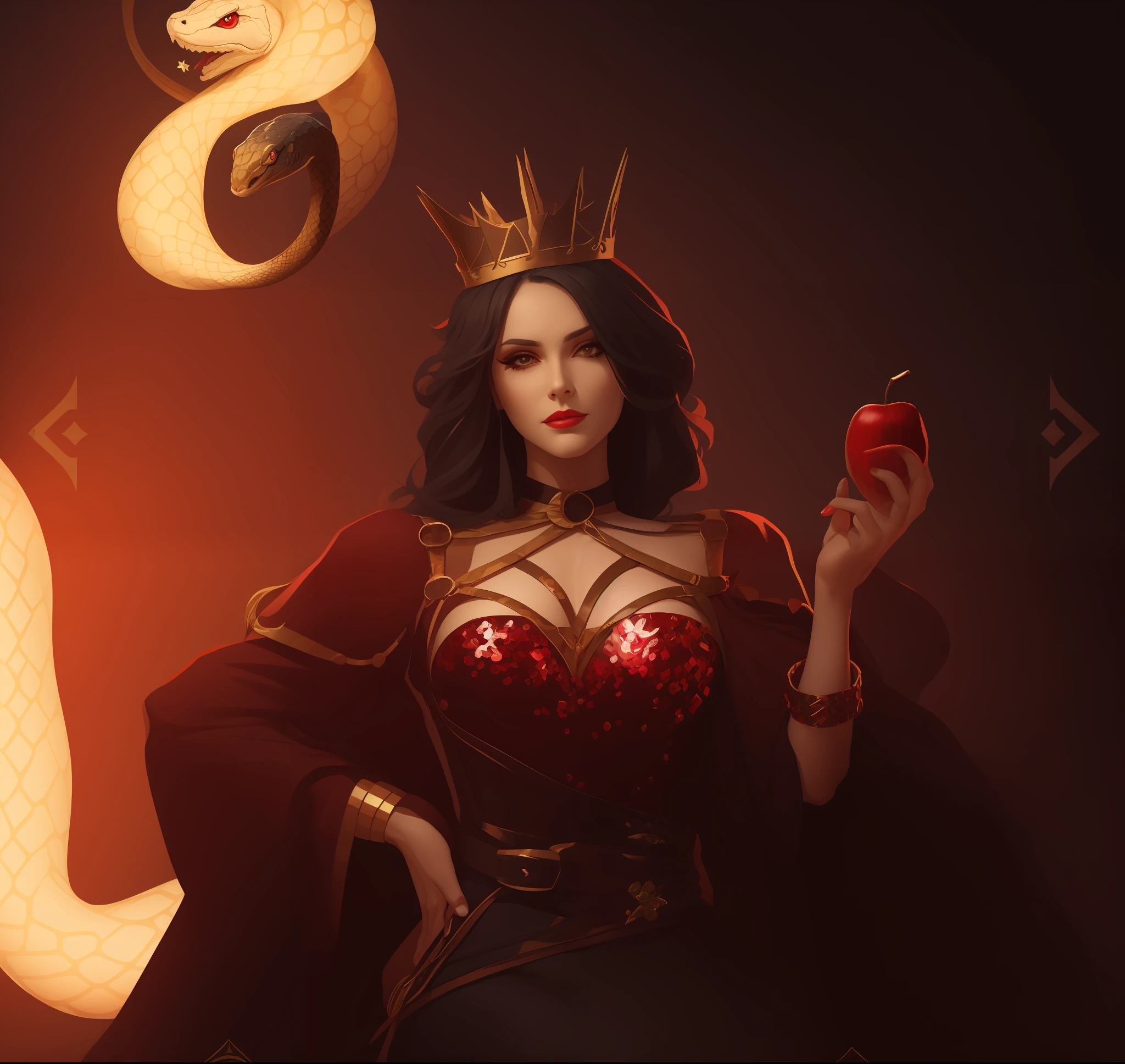 The Evil Sorceress, queen, Poisoned apple in hand, nice ass, Smokey makeover, Dark clothes with red color with sequins. A snake sits on an arm