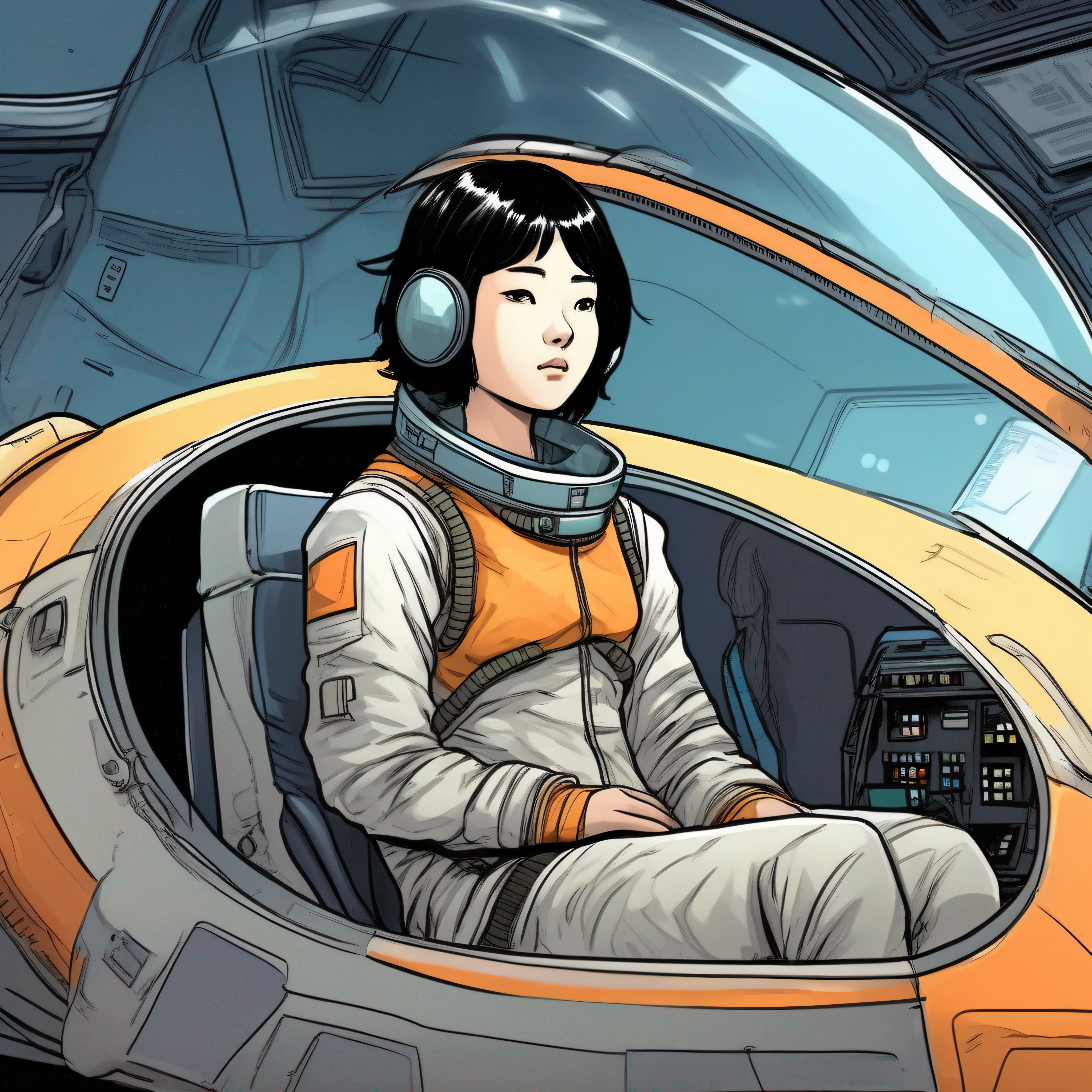 -yeld Kon girl with a height of 165 cm, Short black hair in a spacesuit sits in the cockpit of a future fighter. Comic style. Side view. The fighter of the future is parked on the tarmac. --auto