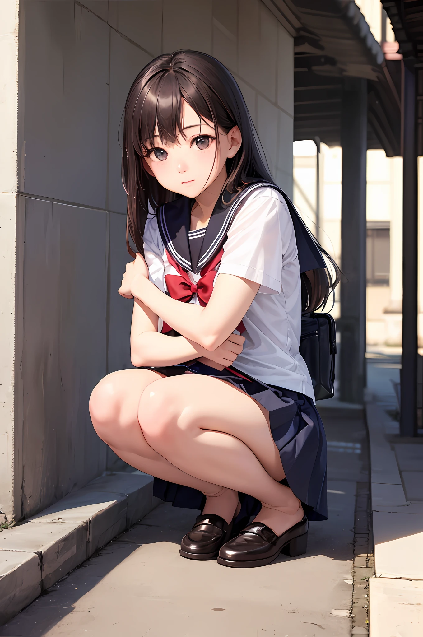 Move the center of gravity back、Put your hands forward from your feet、Put your feet in a ring of hands、pretty embarrassing、witheout panties、Thin leg、tight skirts、90 degree knees、heels on the ground、hands in front of feet、Hugging legs、Knelt、walkway、RAW Photography、8K、top-quality、 超A high resolution、Beautiful face in every detail、Realistic human skin、Gentle expression、front-facing view、angle from bellow、length hair、realisitic、Photorealsitic、cute little、a short skirt、Squatting deep in the city、cute school girl、Japan schoolgirl wearing uniform、surreal high school girl、full bodyesbian、a sailor suit --auto