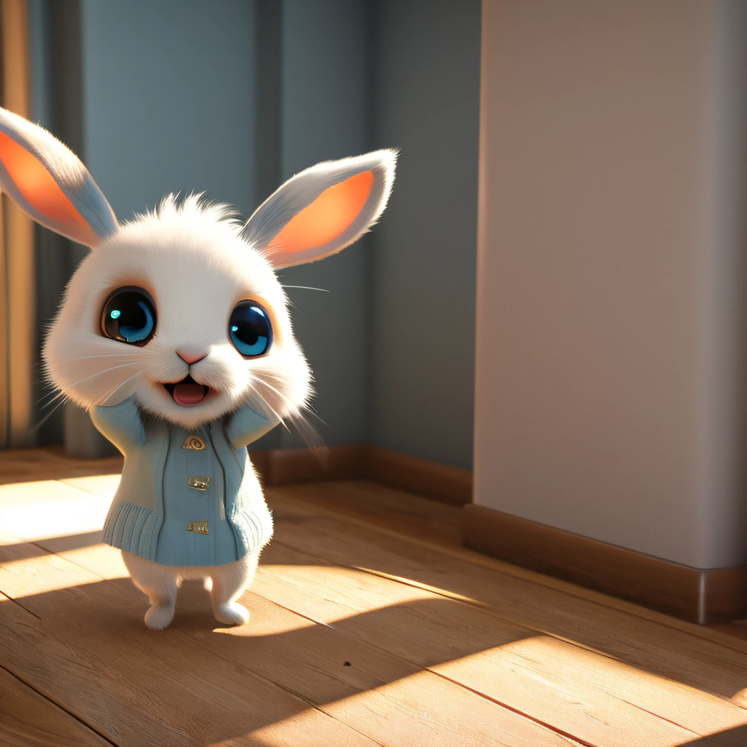 Cute adorable little bunny waving and smiling greeting me, unreal engine, cozy interior lighting, art station, detailed digital painting, cinematic, character design by mark ryden and pixar and hayao miyazaki, unreal 5, daz, hyper realistic, octane render, 3DMDT1