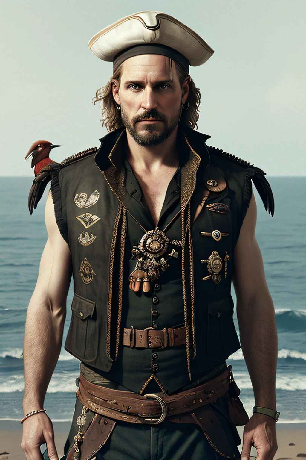 45 years old, male, portrait of a pirate in a vest with a parrot on his shoulder. smokes a pipe, a round earring in his ear, the highest detail, against the background of the sea, perfect composition, beautiful detailed intricate insanely detailed octane render trending on artstation, 8 k artistic photography, photorealistic concept art, soft natural volumetric cinematic perfect light, chiaroscuro, award - winning photograph, masterpiece, oil on canvas, raphael, caravaggio, greg rutkowski, beeple, beksinski, giger