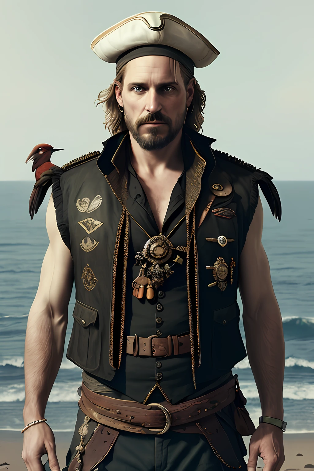 45 years old, male, portrait of a pirate in a vest with a parrot on his shoulder. smokes a pipe, a round earring in his ear, the highest detail, against the background of the sea, perfect composition, beautiful detailed intricate insanely detailed octane render trending on artstation, 8 k artistic photography, photorealistic concept art, soft natural volumetric cinematic perfect light, chiaroscuro, award - winning photograph, masterpiece, oil on canvas, raphael, caravaggio, greg rutkowski, beeple, beksinski, giger