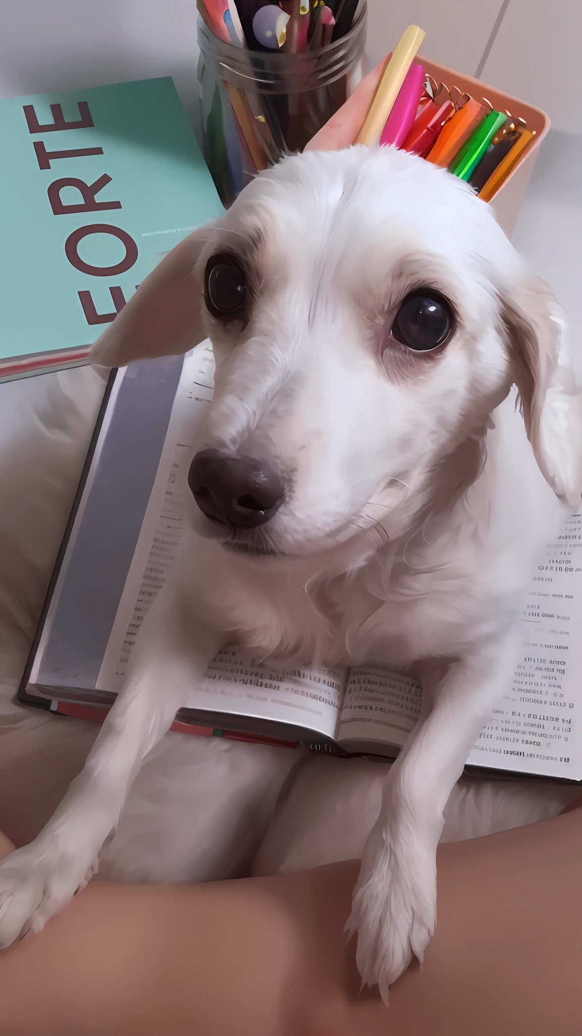 There is a white dog that is sitting on a person's lap, tentando ler, small white dog at her side, Lendo novo livro, ela tem os olhos cansados, tentando estudar, peludo bonito precisa de sua ajuda, one eye is read, com olhos bonitos, com olhos grandes, Estudar, coisa boba estranha com olhos grandes, Looking at camera!!!