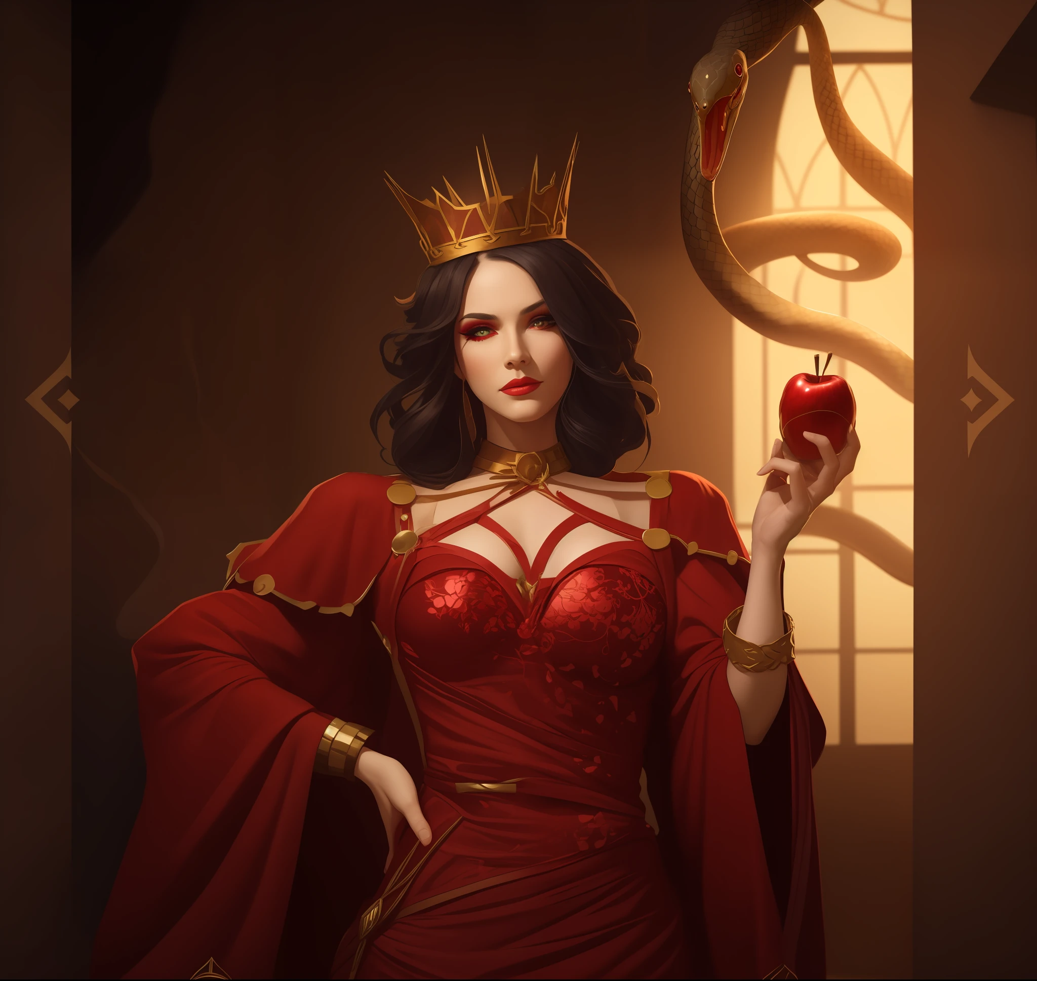 The Evil Sorceress, queen, A poisoned apple in his hand, A snake crawls on the other hand, nice ass, makeup, dark red clothes with glitter