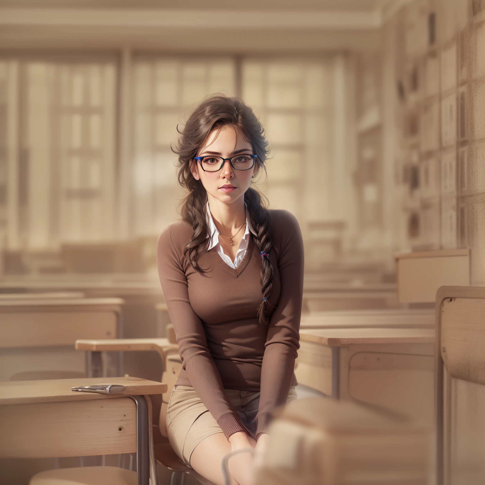 Realistic image of a female high school teacher wearing prescription glasses, longos cabelos castanho escuro presos com rabo de cavalo, dentro de uma sala de aula