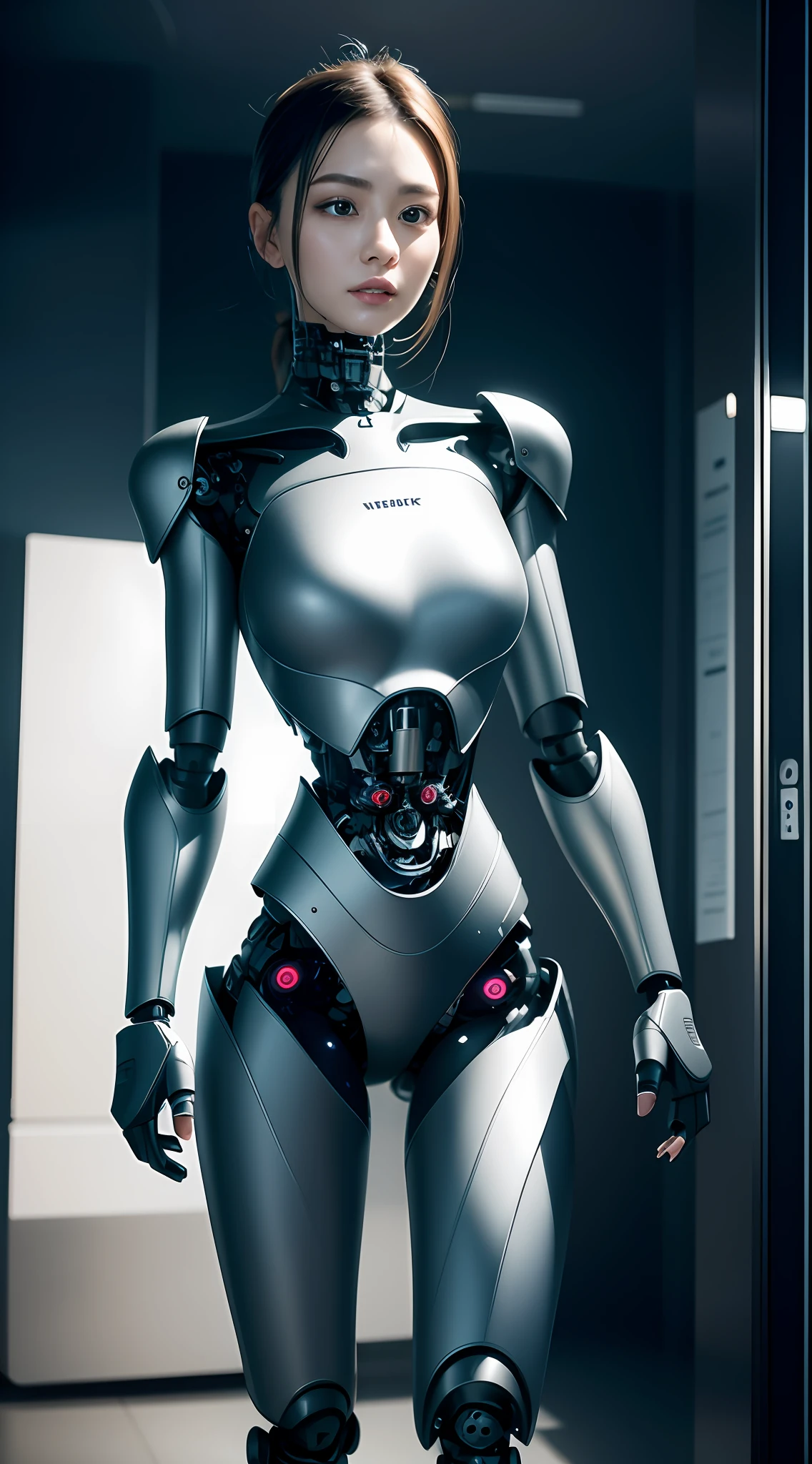 [One, perfect body: 1.2, slender abs: 1.05, mechanical body: 1.23, fine face: 1.2, double eyelids: 0.95, big breasts: 1.65, robot: 1.6, brown hair: 0.6, female: 0.65, ceramic robot: 1.4, slimming face: 1.12, cable: 1.4, chip: 1.4, star face: 0.71, medium long hair, long legs: 0.85, Mechanical thighs: 1.4, metal thighs: 1.4, long calves: 0.85, thin waist: 0.8, thin thighs: 0.8, straight legs: 0.7], (lace: 0. 65, Facial Muscle: 0.8, Octane Rendering: 0.25, Mechanical Joint: 1.6, Gear Joint: 1.6, Robotic Joint: 1.2, Robotic Arm: 1.2, Robotic Arms: 1.2, Mechanical Knees: 1.3, Robotic Knees: 1.3, Robotic Elbows: 1.2, Robotic Thighs: 1.4, Metal Materials: 1.45, Metal Armor: 1.4, Metal Armor: 1.4, Metal Mechs: 1.4, Metal Arm: 1.5), [Background in the mall, indoors, background escalator, background shelf, soft light], [Ultra HD, retina screen, masterpiece, accurate, anatomically correct: 1.2, skin texture: 0.65, very detailed: 1.3, detailed face: 1.2, high detail: 1.2, high quality, best quality, high resolution: 1.2, 8k: 1.2, wallpaper]