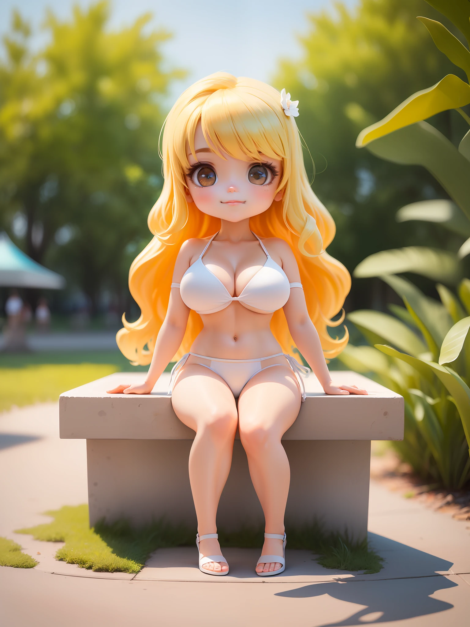 masterpiece, best quality, ultra detailed, intricate details, realistic, (full body:1.3), chibi, 1girl, shiny eyes, watery eyes, surprise, ((front view shot)), ((A very cute girl sitting on floor, and wearing a white bikini in a beautiful park)), ((smug look)), (big breasts :1.4), (open her legs), (a chibi beautiful gorgeous light blonde hair