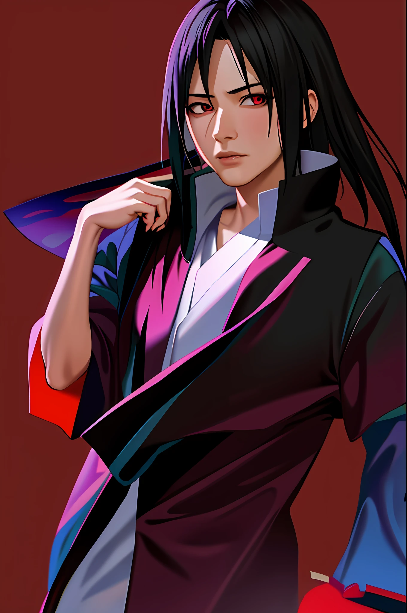 Anime - imagem de estilo de um  com cabelo preto longo e uma capa, itachi uchiha, Artgerm e Atey Ghailan, feito com anime painter studio, itatchi uchiha, inspirado em Chen Jiru, arte de anime realista, sasuke uchiha, gama murata e artgerm, Masayoshi Suto e Artgerm