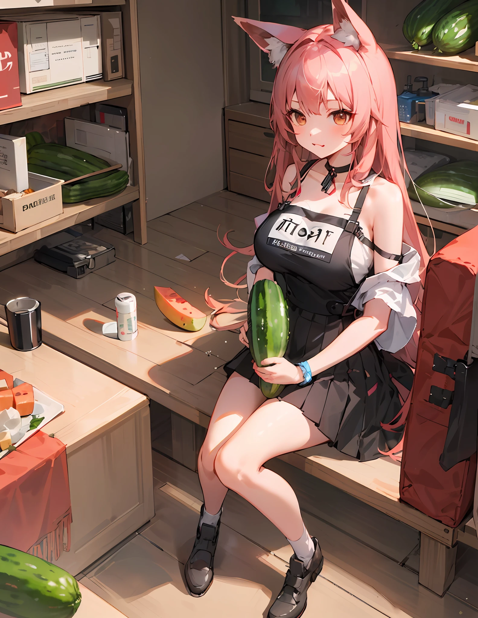 Anime girl sitting on bench,Hold a cucumber in your hand and put it in your mouth, material is!!! water melon!!!, Kantai collection style, trending on cgstation, from girls frontline, Best anime 4k konachan wallpaper, From Arknights, at pixiv, trending on artstation pixiv, wearing a melon, girls frontline style, Guweiz in Pixiv ArtStation