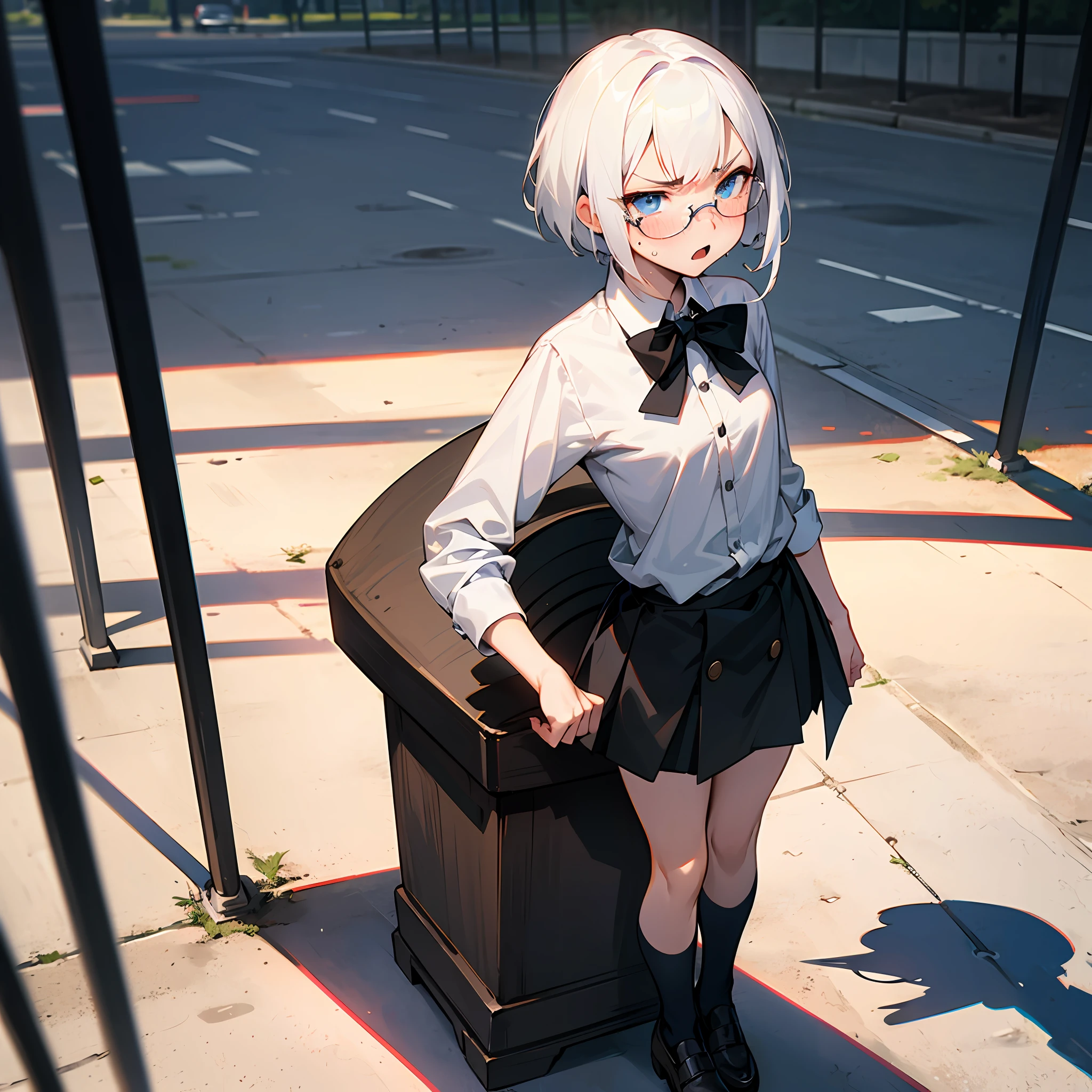 Masterpiece,best shadow,1girl,very detailed,button shirt,white shirt,black skirt,short hair,white hair,Square glasses,angry,cry,standing,outdoor,thin waist,blue eye, stocking,mole under eye,bad mood,blush,park --auto