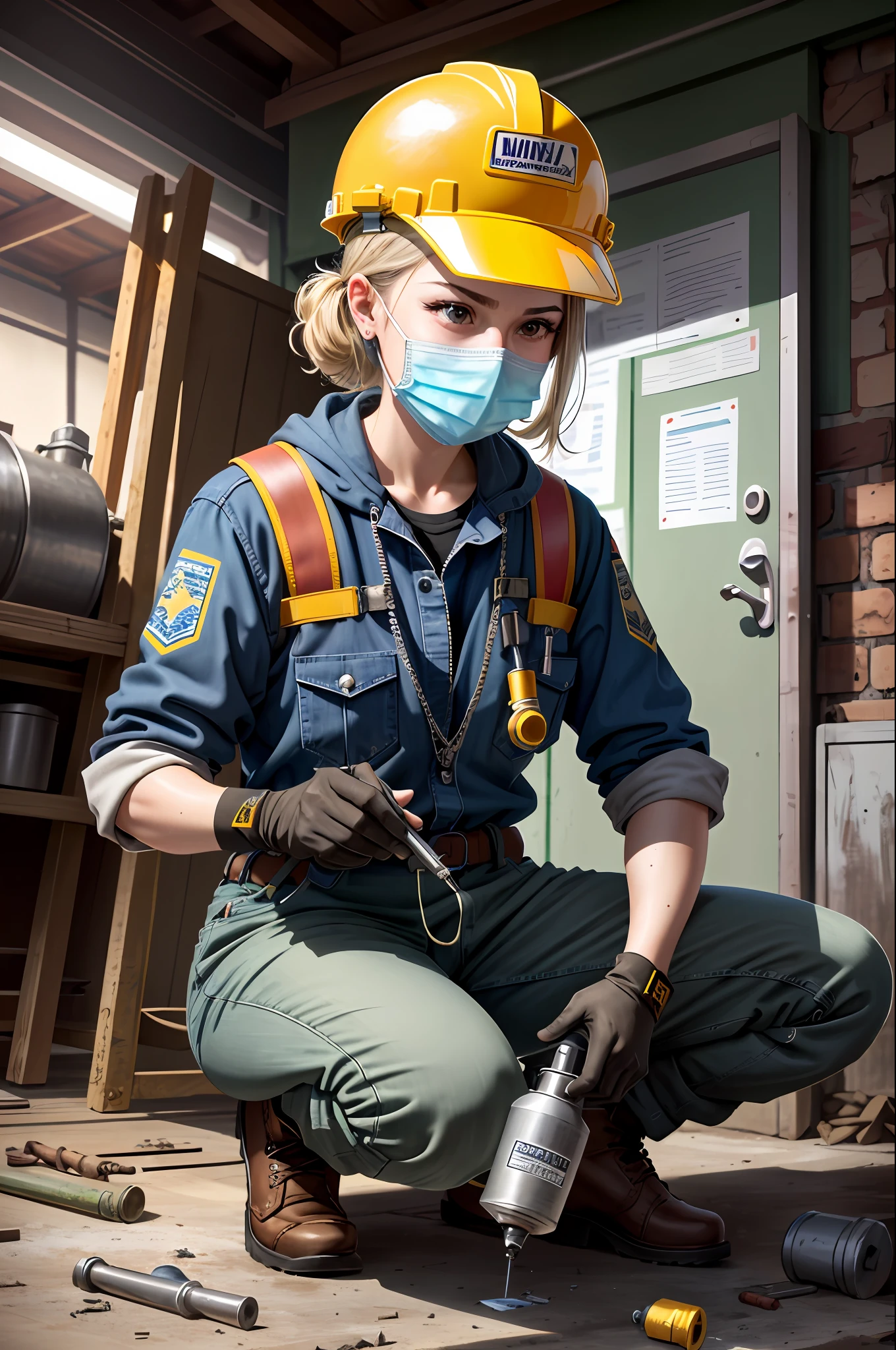 masterpiece, best quality, ultra-detailed, illustration, 1girl, solo, shiny, reflective, latex, work suit, voluptuous, body, squatting, detailed, work shoes, messy, workshop, industrial, high heels, black, red, silver, metallic, gloves, goggles, protective, equipment, machinery, tools, sparks, dirt, grime, oil, stains, sweat, exhaust, pipes, gauges, dials, buttons, levers, cables, wires, hydraulic, systems, hydraulic press, crane, pulley, welding, torch, grinder, drill, saw, hammer, screwdriver, wrench, pliers, spanner, toolbox, fire extinguisher, first aid kit, ventilation, ducts, light fixtures, emergency exit, warning signs, caution tape, posters, calendar, coffee mug, dirty, workbench, storage, shelves, bins, lockers, hard hat, safety vest, ear muffs, face shield, respirator, smoke, fumes, debris, concrete floor, concrete walls, metal beams, rivets, bolts, screws, nuts, washers, chains, ropes, hooks, clamps, magnets, bearings, lubricants, fluids, solvents, adhesives, lubrication, maintenance, repair, overhaul, upgrade, installation, assembly, fabrication, customization, prototype, research, development, testing, quality control, inspection, certification, compliance, regulation, standard, efficiency, productivity, innovation, excellence, satisfaction, teamwork, dedication, professionalism, empowerment, diversity, equality, respect, safety culture, industrial fashion, sci-fi, cyberpunk, dystopian