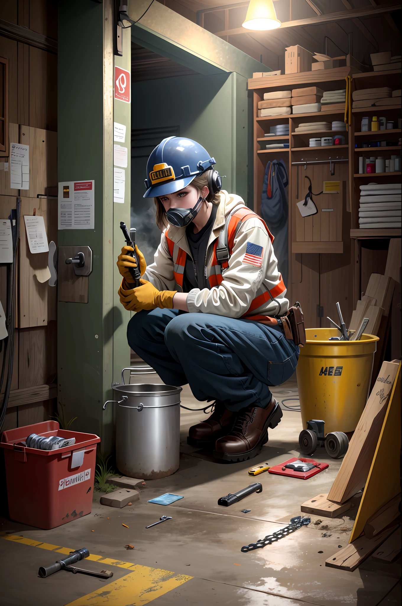 masterpiece, best quality, ultra-detailed, illustration, 1girl, solo, shiny, reflective, latex, work suit, voluptuous, body, squatting, detailed, work shoes, messy, workshop, industrial, high heels, black, red, silver, metallic, gloves, goggles, protective, equipment, machinery, tools, sparks, dirt, grime, oil, stains, sweat, exhaust, pipes, gauges, dials, buttons, levers, cables, wires, hydraulic, systems, hydraulic press, crane, pulley, welding, torch, grinder, drill, saw, hammer, screwdriver, wrench, pliers, spanner, toolbox, fire extinguisher, first aid kit, ventilation, ducts, light fixtures, emergency exit, warning signs, caution tape, posters, calendar, coffee mug, dirty, workbench, storage, shelves, bins, lockers, hard hat, safety vest, ear muffs, face shield, respirator, smoke, fumes, debris, concrete floor, concrete walls, metal beams, rivets, bolts, screws, nuts, washers, chains, ropes, hooks, clamps, magnets, bearings, lubricants, fluids, solvents, adhesives, lubrication, maintenance, repair, overhaul, upgrade, installation, assembly, fabrication, customization, prototype, research, development, testing, quality control, inspection, certification, compliance, regulation, standard, efficiency, productivity, innovation, excellence, satisfaction, teamwork, dedication, professionalism, empowerment, diversity, equality, respect, safety culture, industrial fashion, sci-fi, cyberpunk, dystopian