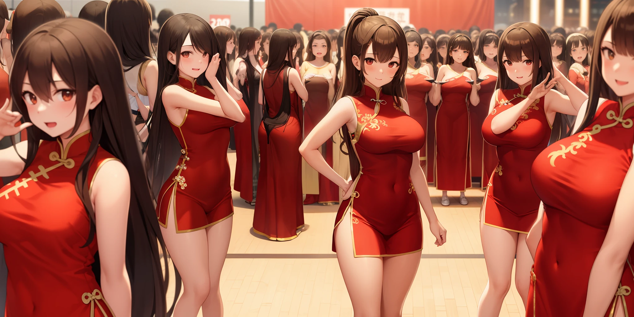 ((Thousands of, millions of, crowd of)), 100girls,crowded, long hair, brown hair, curly hair, hazel eyes,chinese dress, red dress, sleeveless, sexy, large group of girls, girls standing in formation, only girls, sisters, identical dresses, matching dresses, looking at viewer, sexy poses