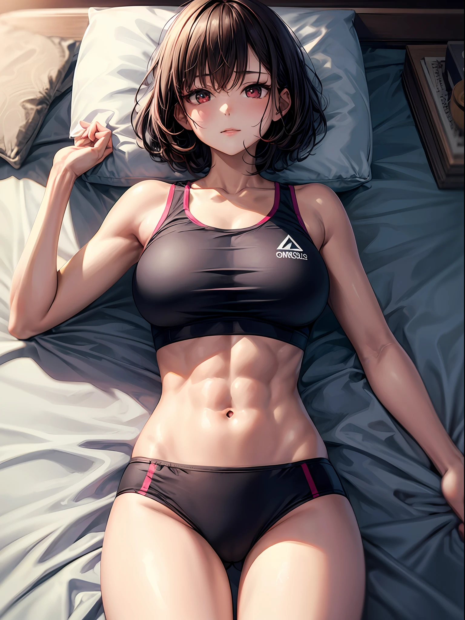 top-quality、1girl in、A dark-haired、Shorthair、Red Eyes、Red cheeks、Shy look、Black Sports Bra:1.2、Constriction、Luxury:1.3、Split abs、Black underwear、Angle from diagonally above、View here、open one's legs:1.1、darkened room、Lying on your back on the bed:1.7、Background blur、​masterpiece