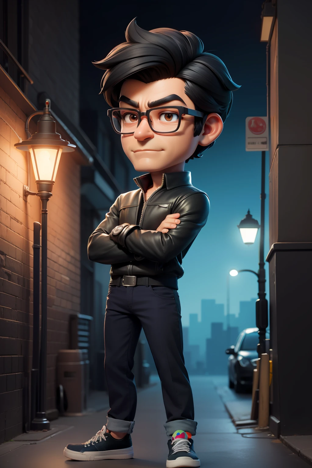 Ultra detail, high resolution, super detail, best quality, there is a man with glasses, in cartoon style, amed chahin, alex yanes, whole nice body, black hair, standing under a street lamp, back against the wall