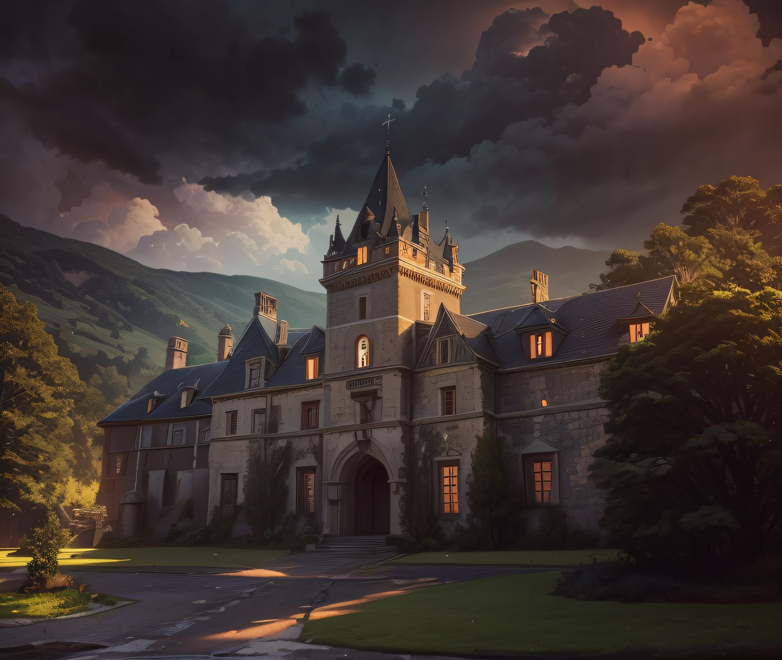 There is a large building with a tower and a clock on it, localizado em um castelo, transylvanian castle, castelo de luxo, um castelo medieval, Castelo Vitoriano, castle setting, gothic mansion, inside a castle courtyard, castelo abandonado, gothic castle, Castelo bonito, Castelo velho, Magic castle school on a hill, moody setting, castelo medieval, catholic monastery, rainy night, rainfall, thunder storm