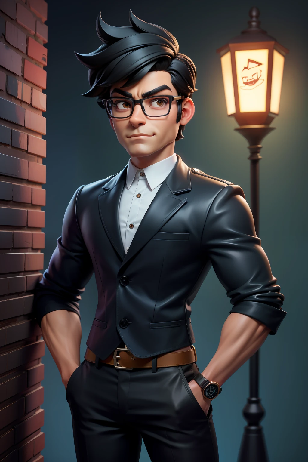 there is a man with glasses, high quality, in cartoon style, amed chahin, alex yanes, whole nice body, Ultra detail, high resolution, super detail, best quality, black hair, standing under a street lamp, back against the wall