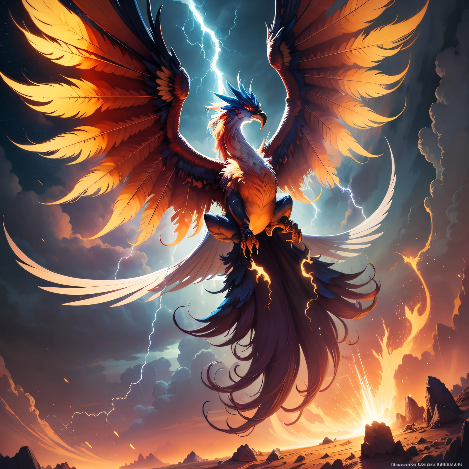 There is a legendary fenixcdo thunder flying over the sky, majestic phoenix, garras afiadas, HO-OH, Fantasia de Phoenix, Ray Phoenix