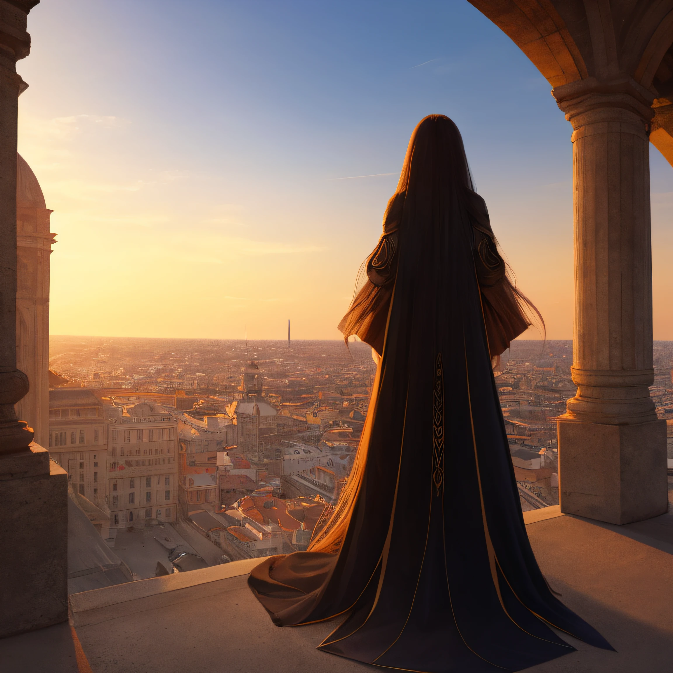 woman with long hair back:: futuristic::1 dusk::1 panorama::1 leonardo da vinci::1 --ar 1:1 --v 4 --auto