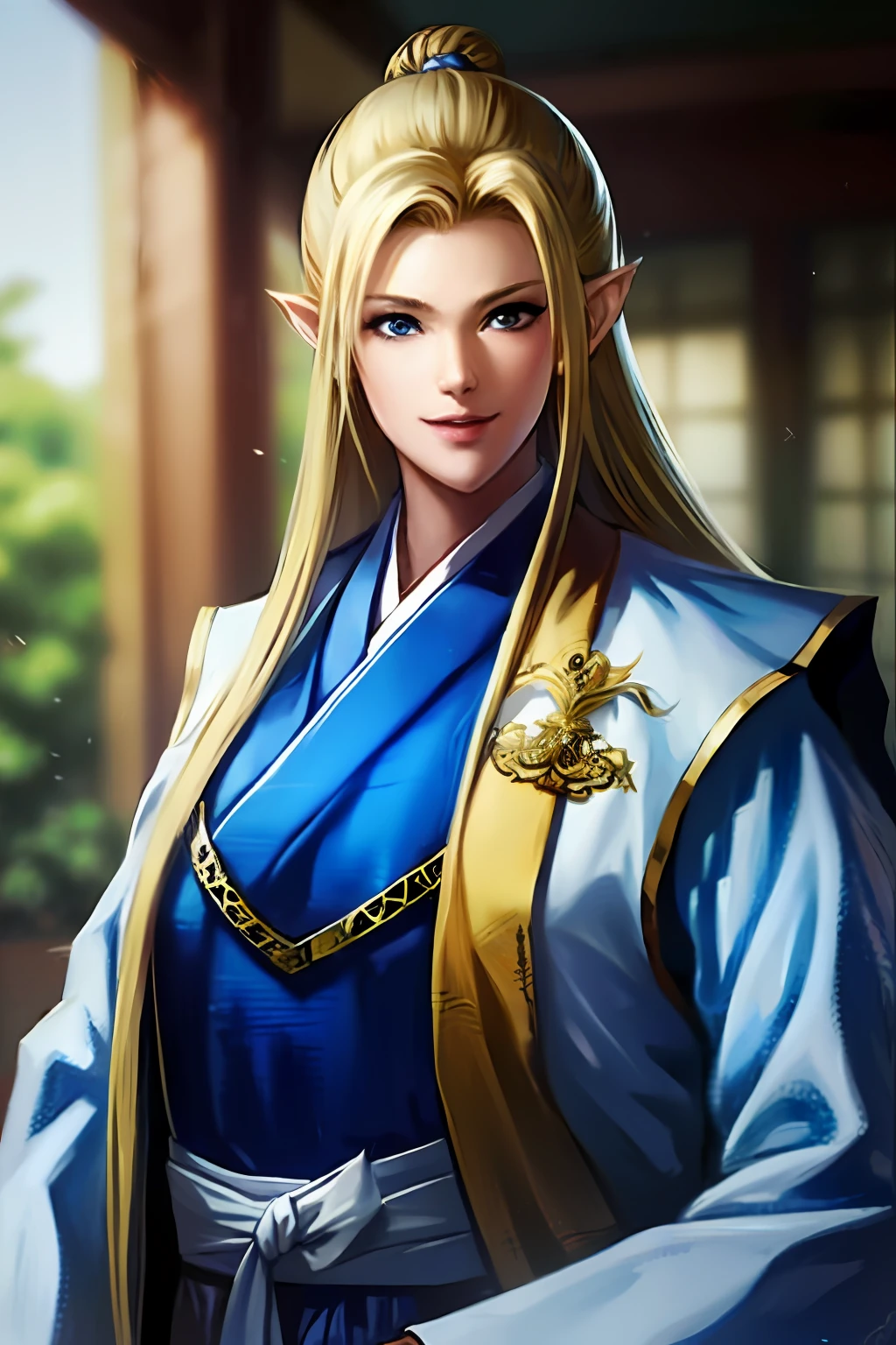 (masterpiece、top-quality、top-quality、Official art、Beautifully Aesthetic:1.2)a beauty girl、elvish、a blond、length hair、blue eyess、de pele branca、beutiful breast、large full breasts、Blue and white kimono