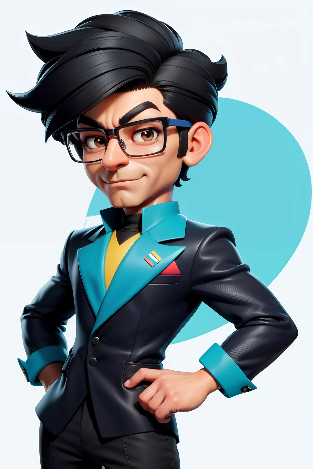 Ultra detail, high resolution, super detail, best quality, there is a man with glasses, in cartoon style, amed chahin, alex yanes, whole nice body, clear background, black hair