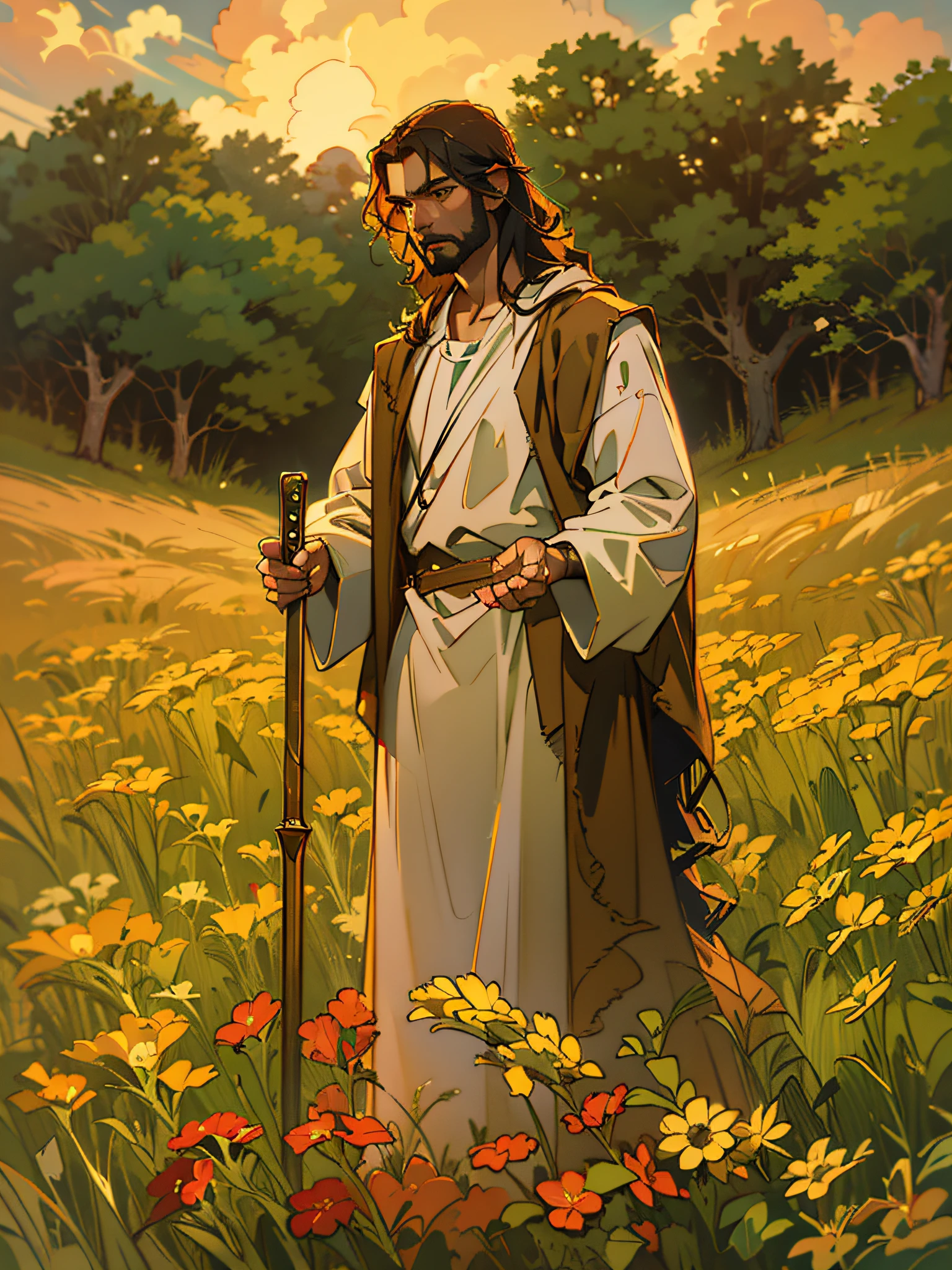 Painting of a man with a cane in a field, Greg Olsen, jesus christ, Retrato de Jesucristo, jesus of nazareth, Jesus, Uno de los tejedores del destino, Vestido como Jesucristo, the lord and savior, god looking at me, Joven Dios Todopoderoso, gigachad jesus, Arte cristiano, por Scott Gustafson, por Thomas Blackshear