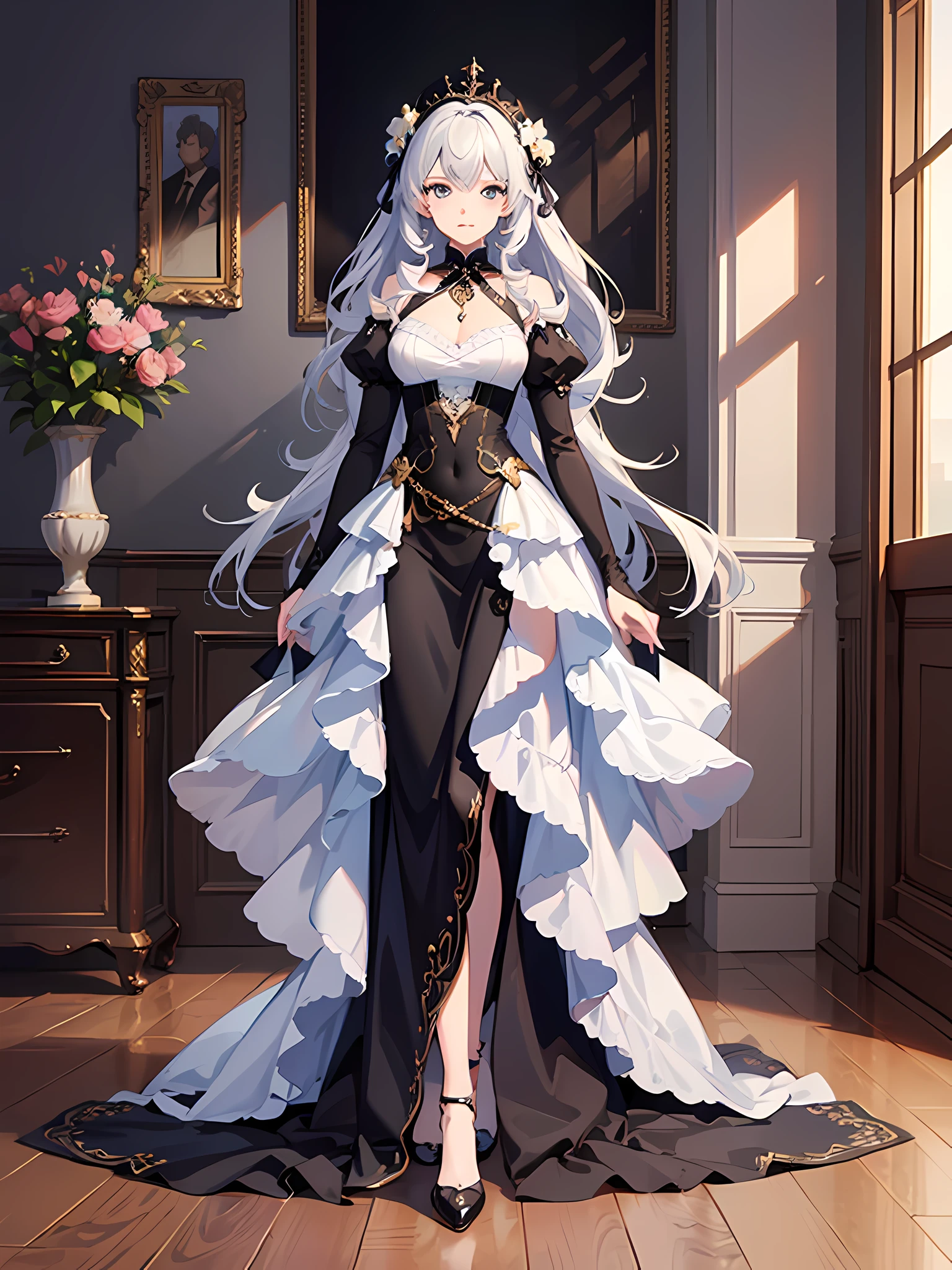1girll，Long white fluffy hair，curlies，Black and blue luxury dress，Rich and noble families，Full body standing painting，Ultra-detailed CG，Exquisite facial features，Clear facial expressions，Detailed digital anime art，Digital anime art，High quality anime art style