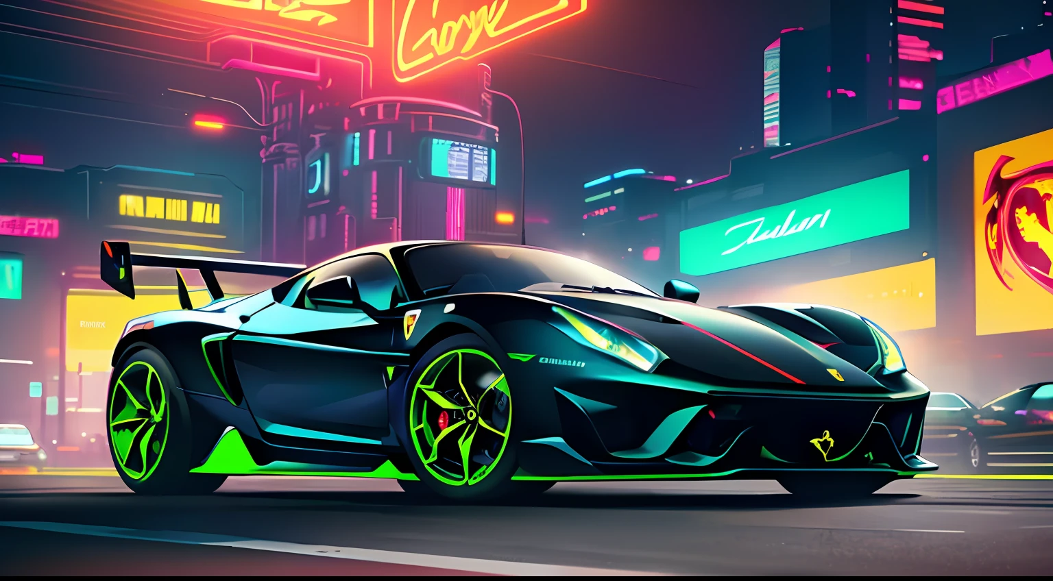 best quality, masterpiece, detailed background, highly detailed, intricate, cyberpunk city, road, cyberpunk, sunny, day, clouds, skyscraper, futuristic, science fiction, car focus, cool car, (cyberpunk car, futuristic car:1.2), (neon car, neon wheels, neon lights:1.4), (black ferrari:1.3), (red lights), (future car), (car front view:1.2)