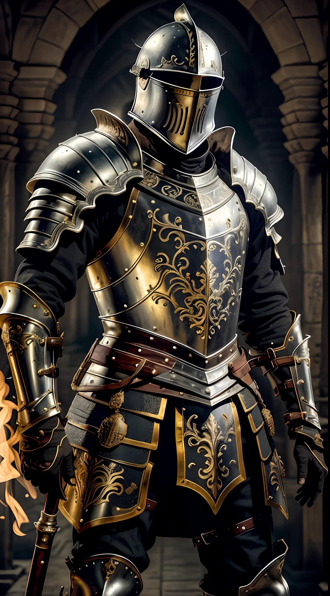 Obra-prima, cinematic, melhor qualidade, barroco, smoke man, armadura medieval espartana preta, armadura gasta, parte superior do corpo, com ele uma espada e escudo, olhando para o espectador, campo aberto, campo nublado