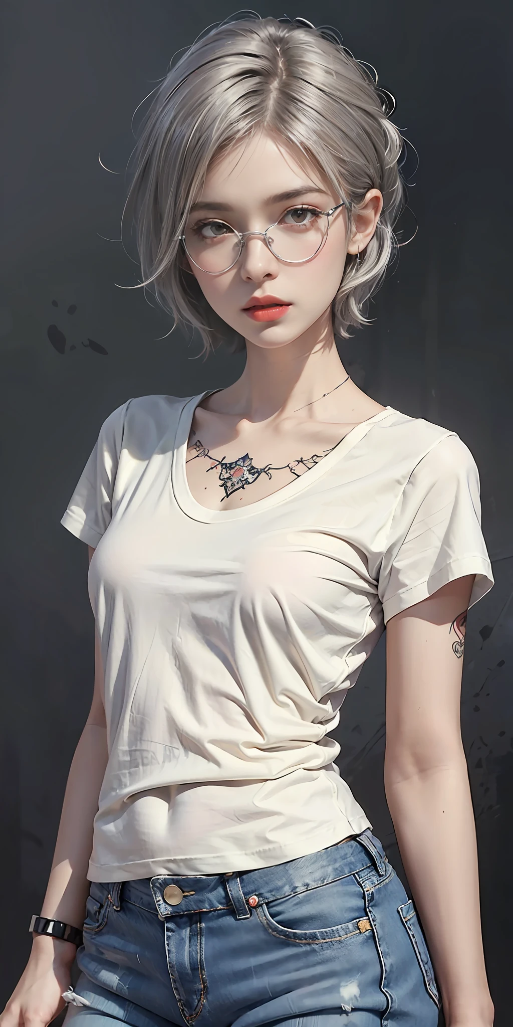 masterpiece, best quality, realistic, highly detailed, 1girl, solo, cowboy shot, preaty girl, red eyes, silver hair, short hair, glasses, thin lips, medium breats, T-shirt, skinny jeans, tomboi look, tatto,