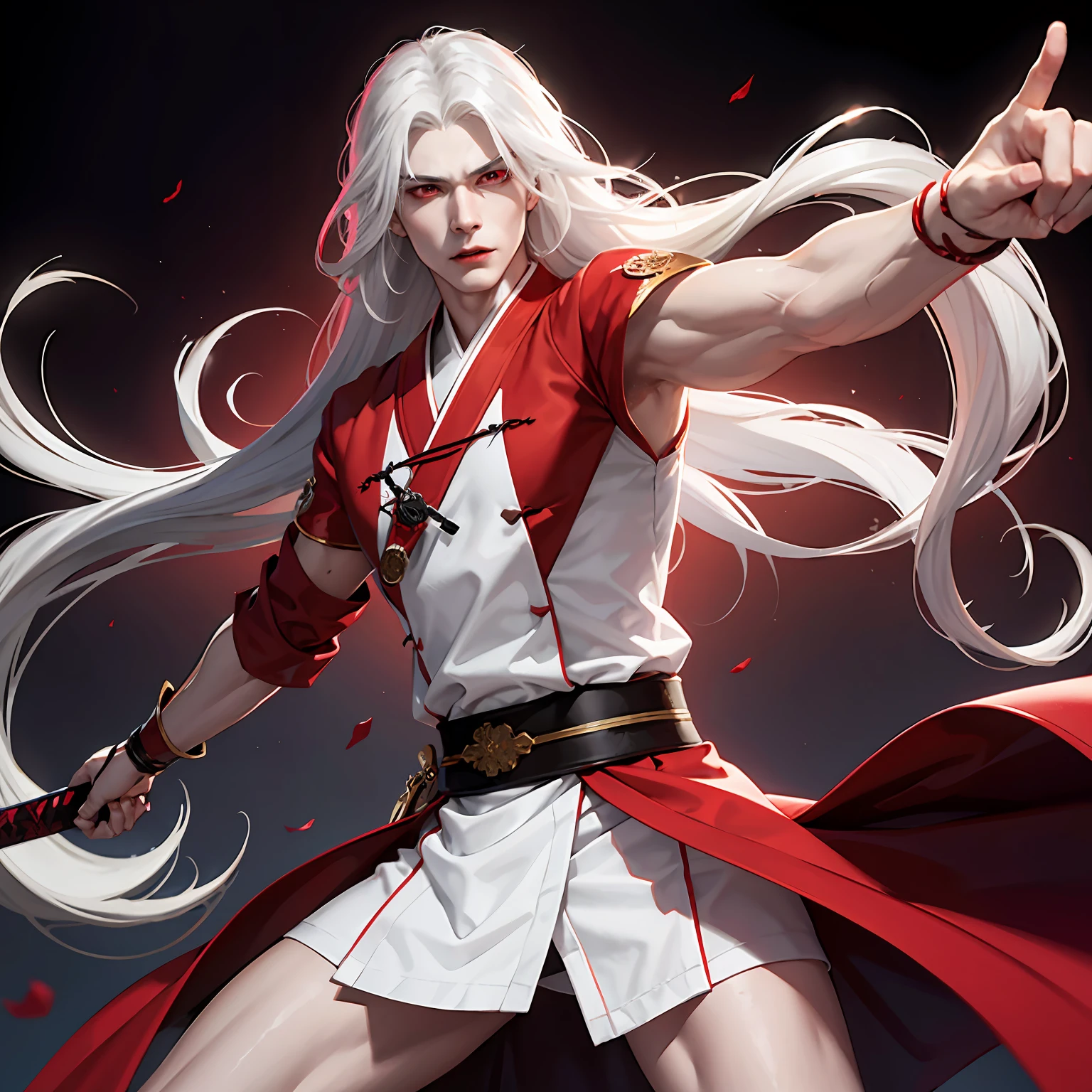 Vampire man with a katana , long flowing white hair, White Skin Skin, red glowing eyes, in kimono, 4k, 真实感 --auto