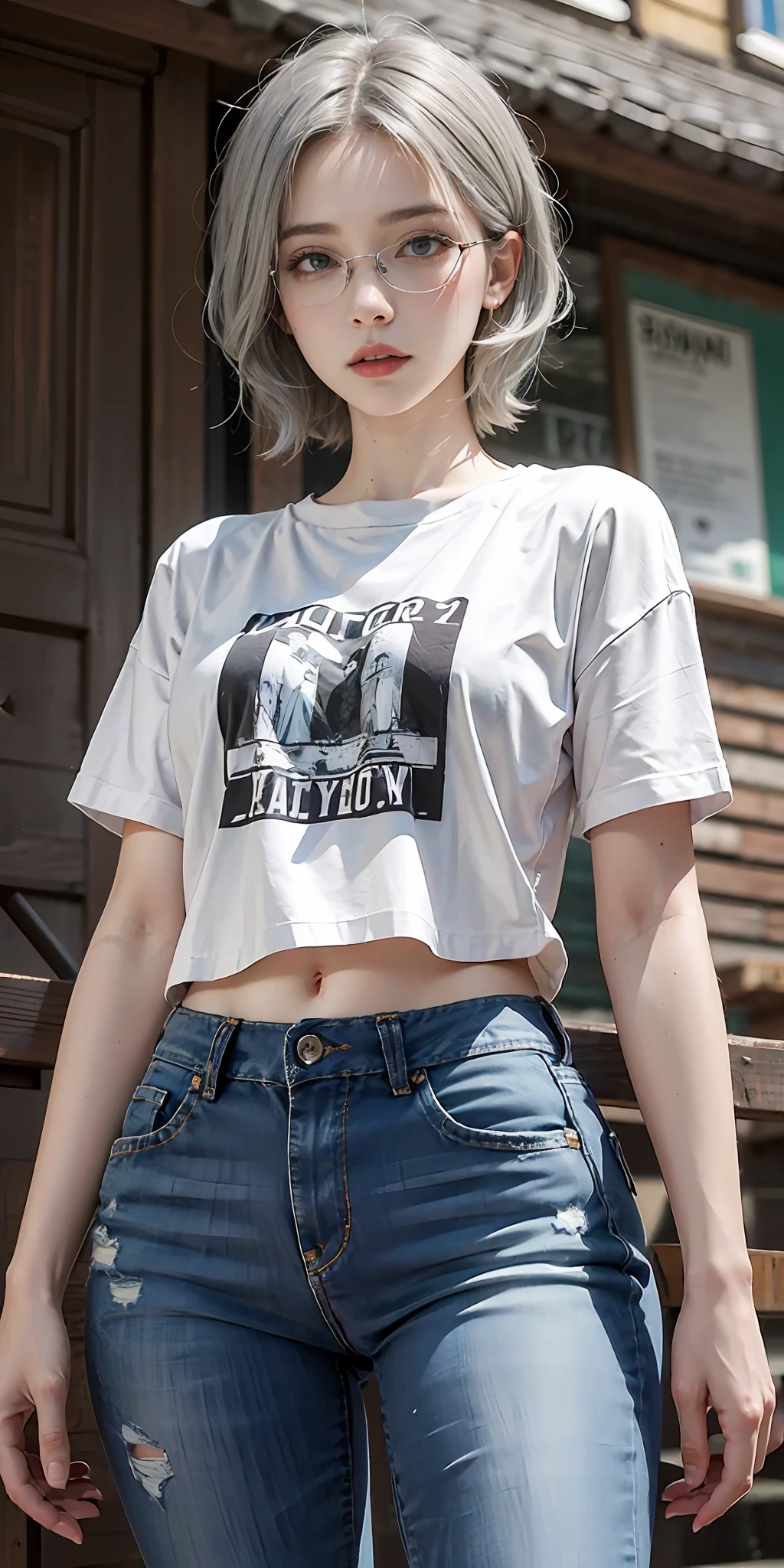 masterpiece, best quality, realistic, highly detailed, 1girl, solo, cowboy shot, preaty girl, red eyes, silver hair, short hair, glasses, thin lips, medium breats, T-shirt, skinny jeans, tomboi look, tatto,