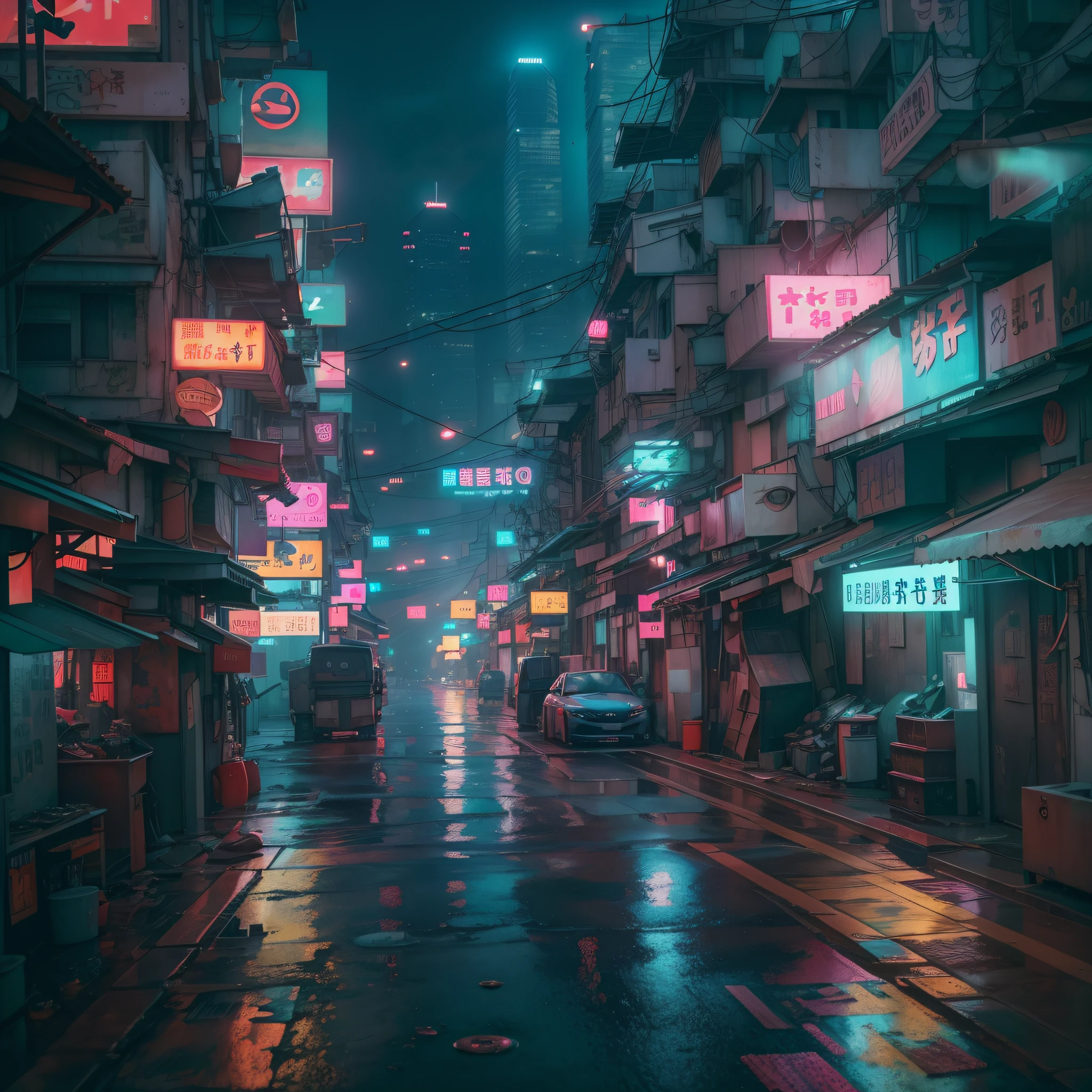 Hong Kong's Street, cyberpunk, vapor punk, lonely and hopeless, telephoto lens, raining, (extremely detailed:1.2), (Neon slums in the near distance: 1.1), (Futuristic skyscraper in the long distance: 1.1), (hyper-detailed, (soft lighting:1.2), high resolution, realistic, film grain, ray tracing), masterpiece, 8K, RAW.