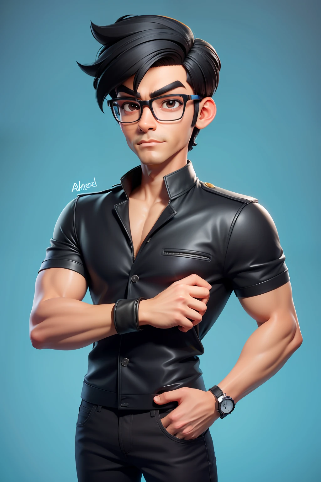 there is a man with glasses, high quality, in cartoon style, amed chahin, alex yanes, whole nice body, clear background, Ultra detail, high resolution, super detail, best quality, black hair