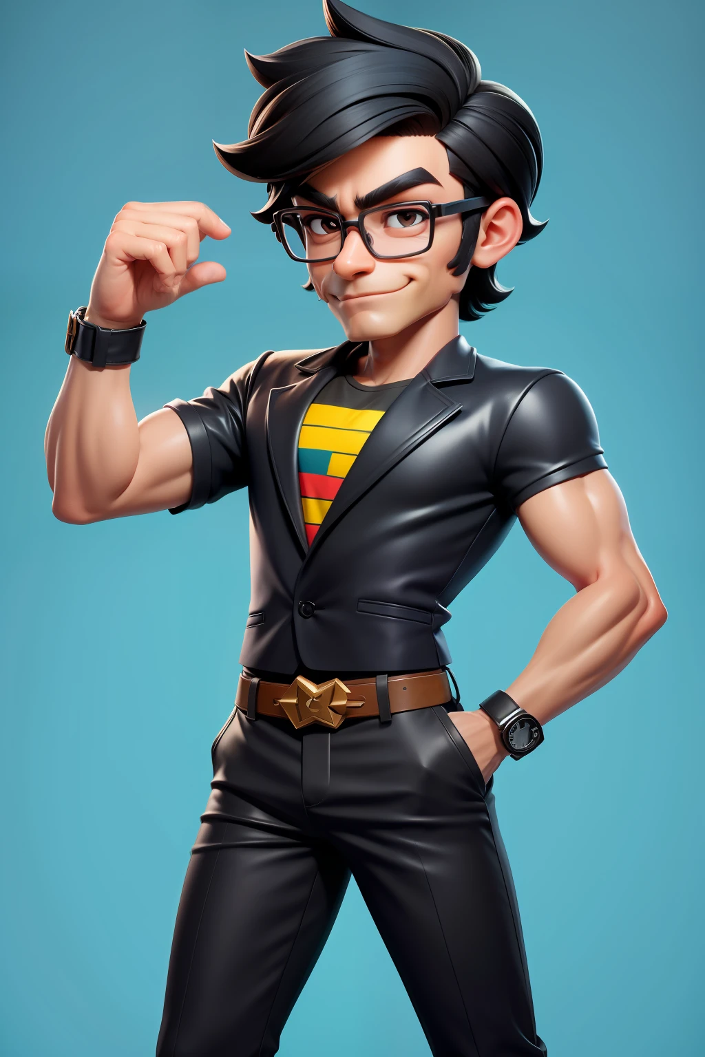 there is a man with glasses, high quality, in cartoon style, amed chahin, alex yanes, whole nice body, clear background, Ultra detail, high resolution, super detail, best quality, black hair