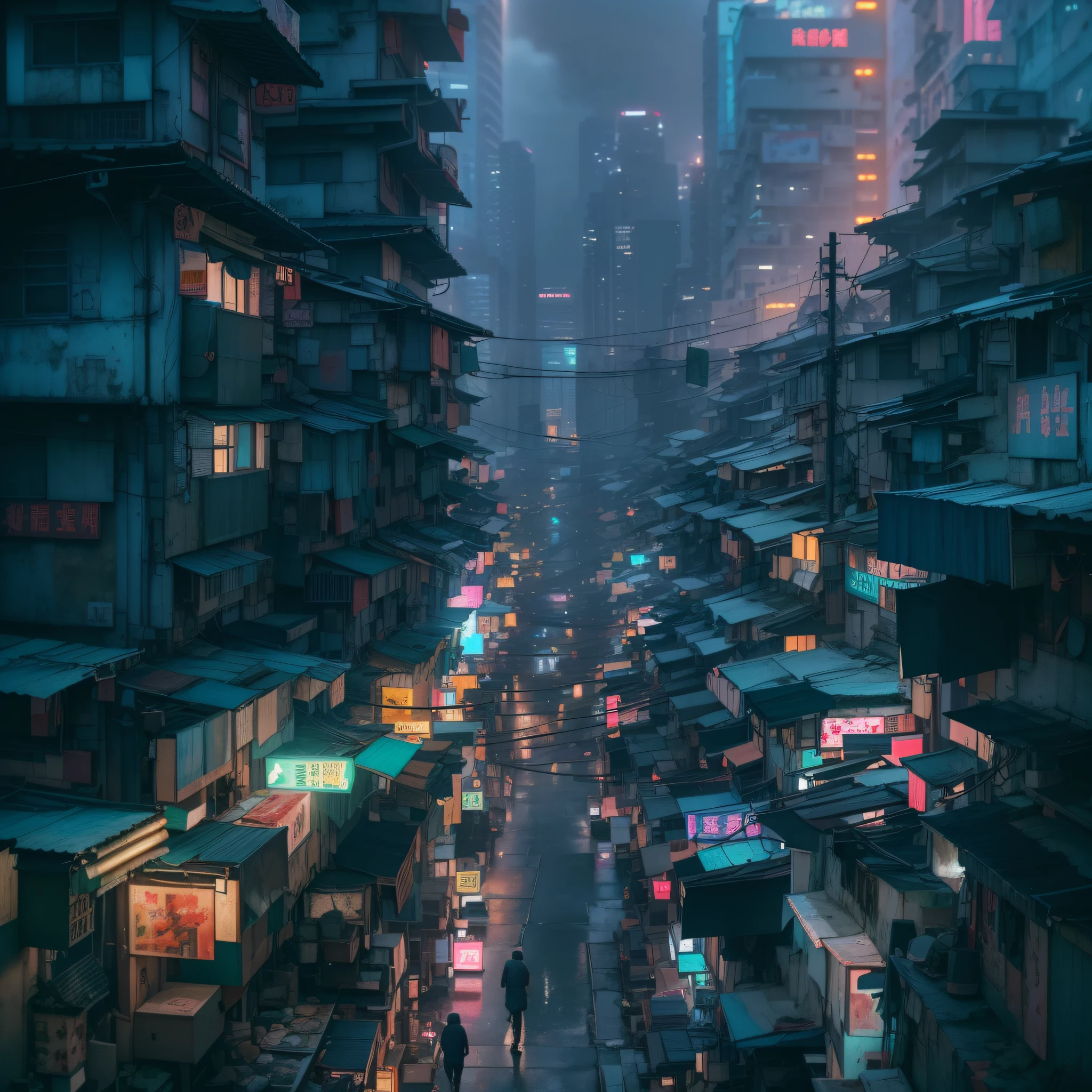 Hong Kong's Street, cyberpunk, vapor punk, lonely and hopeless, telephoto lens, raining, (extremely detailed:1.2), (Neon slums in the near distance: 1.1), (Futuristic skyscraper in the long distance: 1.1), (hyper-detailed, (soft lighting:1.2), high resolution, realistic, film grain, ray tracing), masterpiece, 8K, RAW.