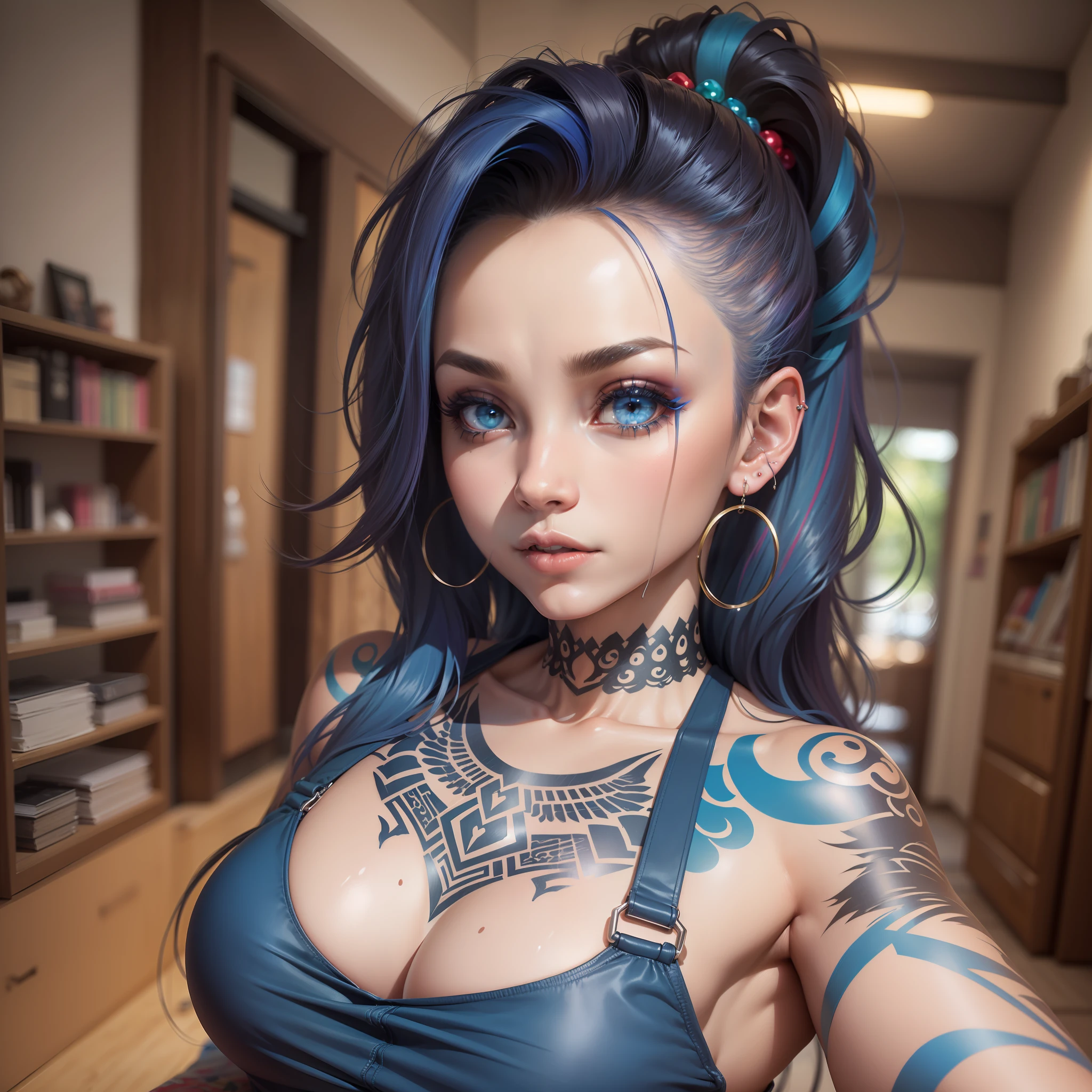 tatuagens, piercing, gotic, perverso, corpo escultural, vestido de noite de seda, fenda alta, (corte curto: 1,4) Mohawk-estilo ((vermelho | azul | branco: 0,6) cabelo), sidelocks, detalhado corpo inteiro, sexy, erotic, nsfw, 32K, foco em formas, alto detalhado, realista, melhor qualidade, Boa anatomia, , eager_pet_pose, (tatuagem facial:1.1), (retrato de corpo inteiro:1.5)