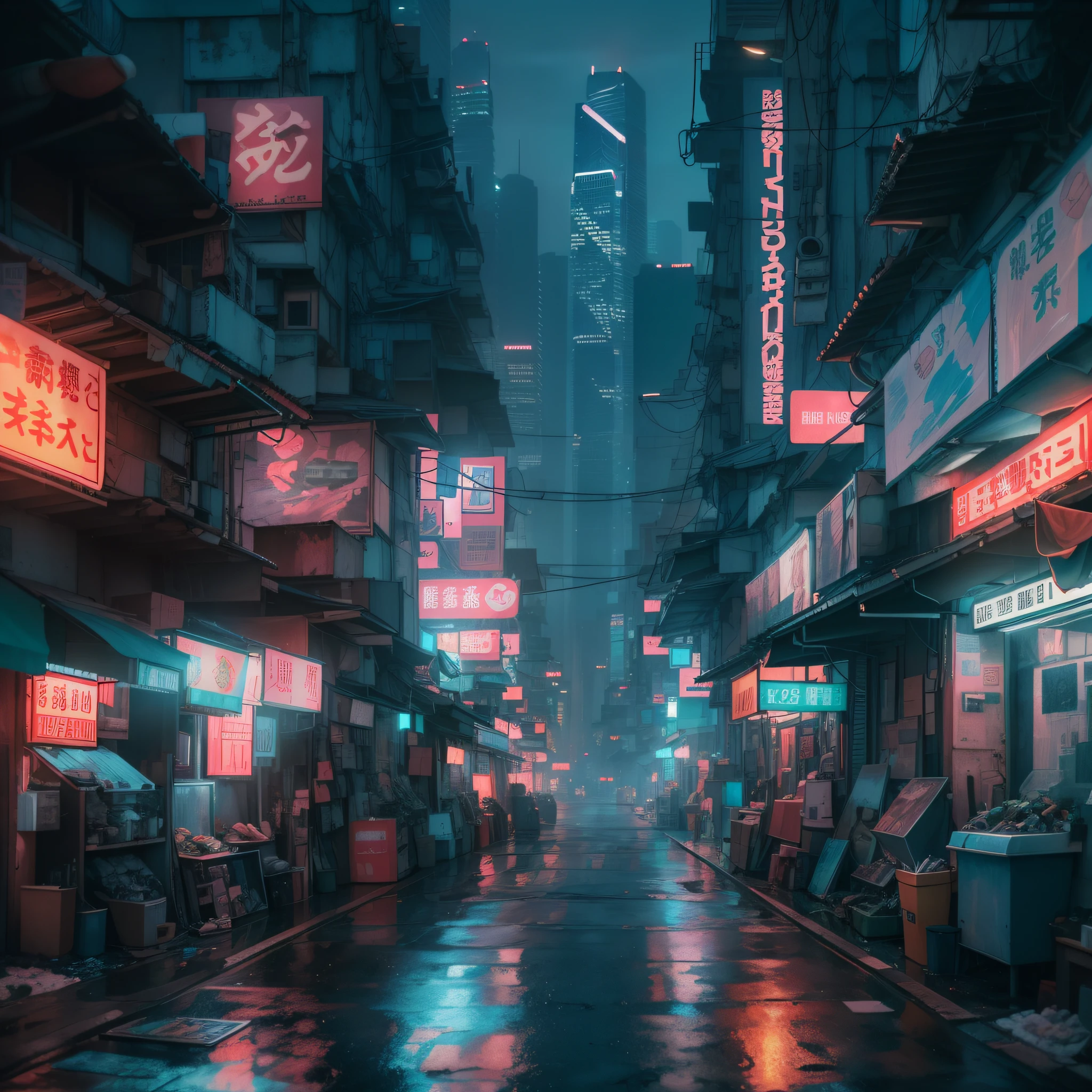 Hong Kong's Street, cyberpunk, vapor punk, lonely and hopeless, telephoto lens, raining, (extremely detailed:1.2), (Neon slums in the near distance: 1.1), (Futuristic skyscraper in the long distance: 1.1), (hyper-detailed, (soft lighting:1.2), high resolution, realistic, film grain, ray tracing), masterpiece, 8K, RAW.