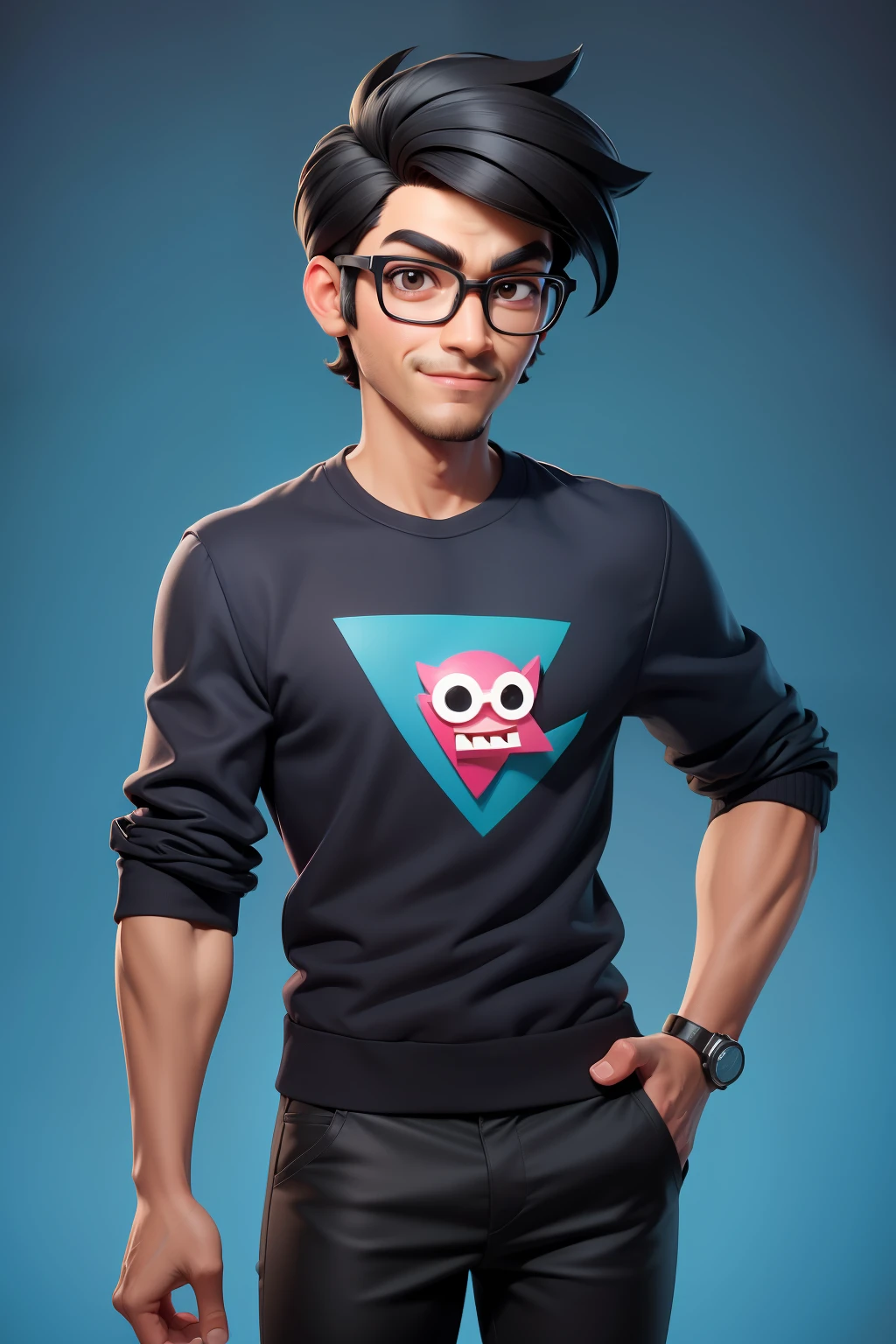 there is a man with glasses, high quality, in cartoon style, amed chahin, alex yanes, whole nice body, clear background, Ultra detail, high resolution, super detail, best quality, black hair