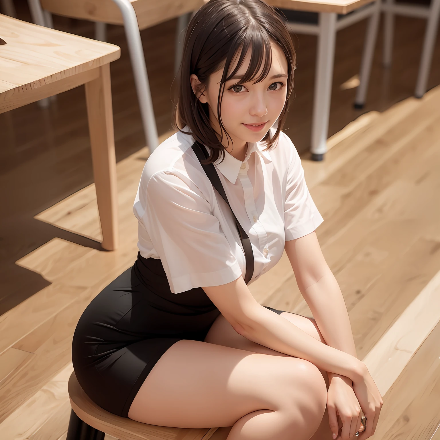 (8K, Best quality, Masterpiece:1.2), (Realistic, photo-realistic:1.37), Ultra-detailed,
1 girl,Cute, Solo,Beautiful detailed sky,Detailed Cafe,Sitting,dated,(nose blush),(Smile:1.15),(Closed mouth) Small breasts,Beautiful detailed eyes,(Collared shirt:1.1), Business attire, blackstockings,White lace, black choke ,
(short detailed hair:1.2),Floating hair ,NovaFrogStyle,,White skin,Cinematic light,study room,Wooden floors