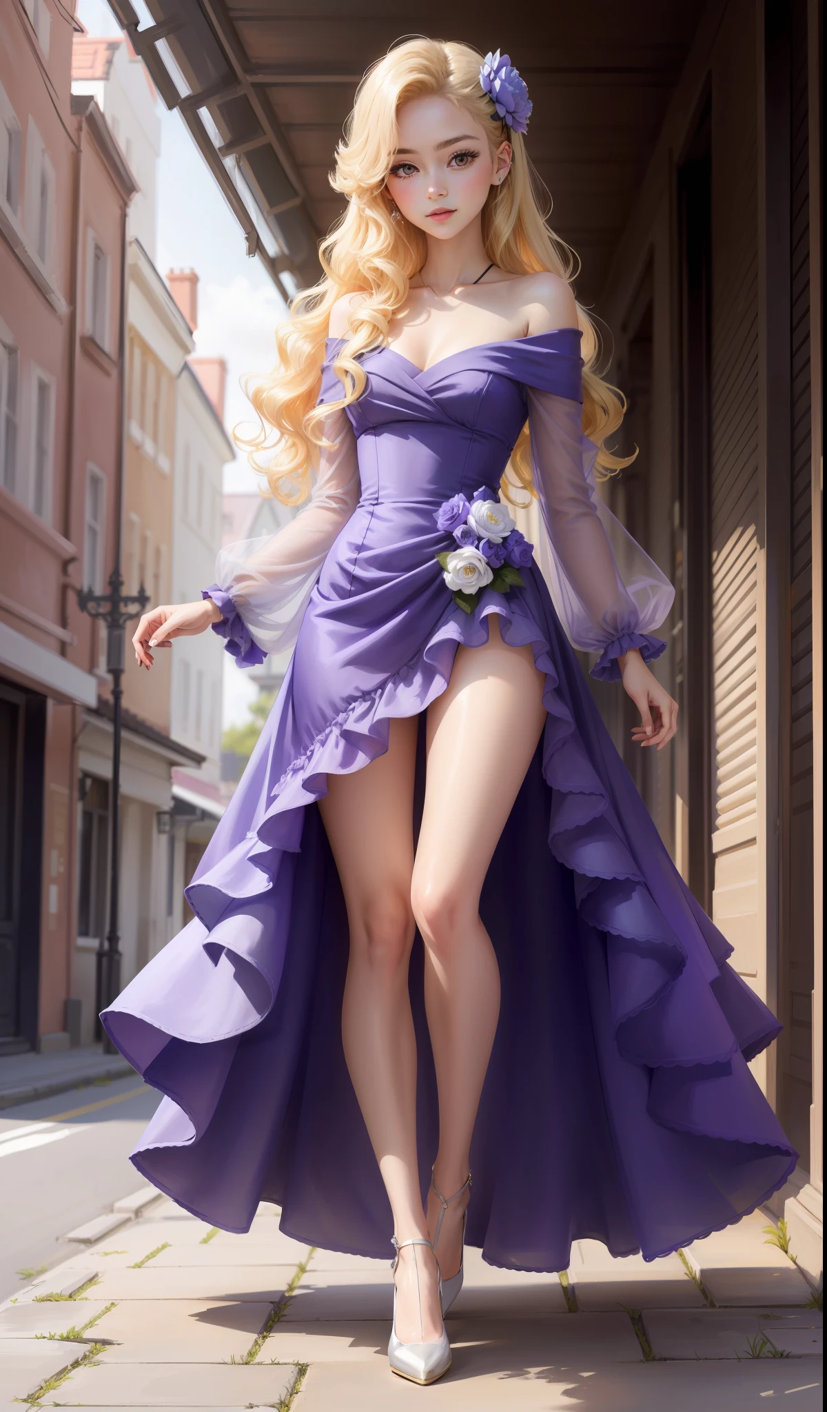 a woman wearing an off the shoulder lilac and lavender coloured dress, elegant silky and detailed ball dress, detailed see through sleeves, lilac high heels, purple flowery hair pin, elegant , cute face, nike shoes, 17 years old, adult face, long hair, ((honey coloured hair)) and gleaming detailed vibrant purple eyes, slim frame, small breast size , long legs