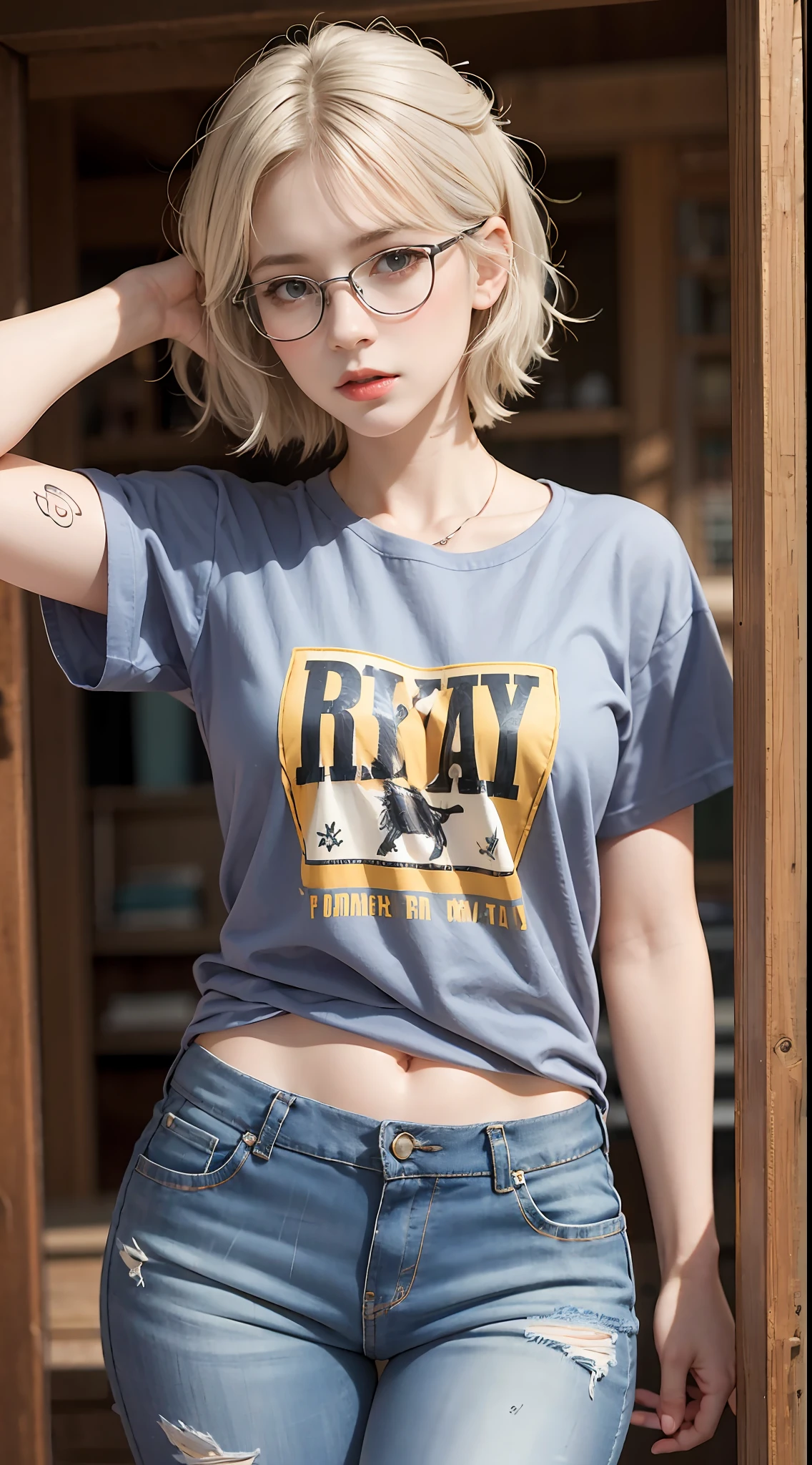 masterpiece, best quality, realistic, highly detailed, 1girl, solo, cowboy shot, preaty girl, red eyes, silver hair, short hair, glasses, thin lips, medium breats, T-shirt, skinny jeans, tomboi look, tatto,