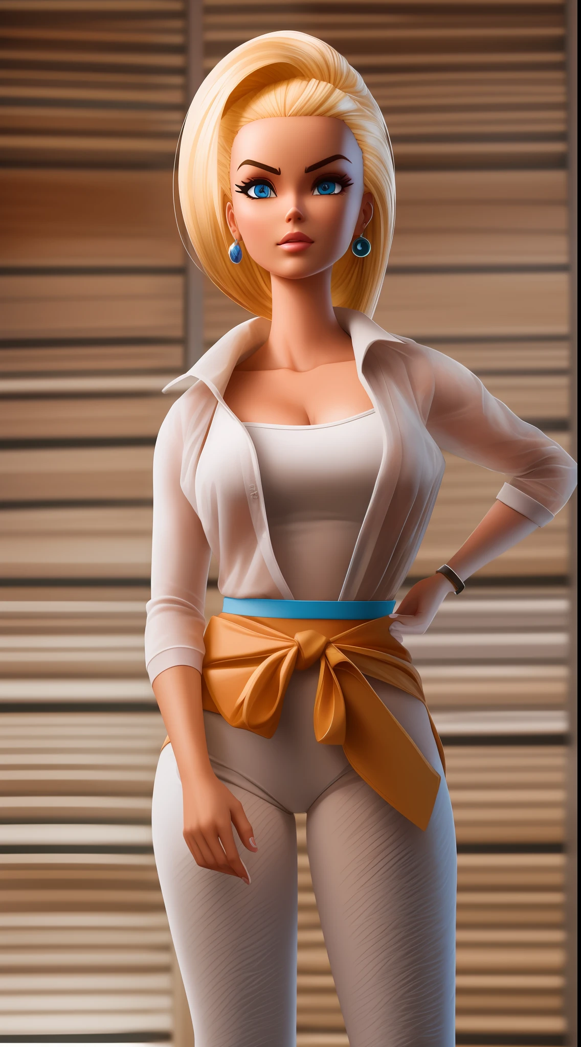 boneca barbie, Barbie como um personagem de Dragon Ball, Cores Naturais, action shot, ultra detalhado, corpo inteiro, dynamic pose, rosto da Barbie, Rendered in unreal 5 graphics engine, fotografia, poster 9:16, 35 mm, F/2.8, Tiro corporal incrivelmente detalhado e realista