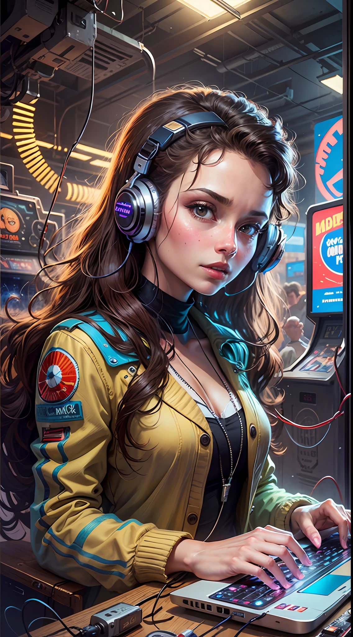 A retrofuturism scene of an arcade wired mess on macbook, mechanical delay, wiring components, ultrago austin metal wiring, iris van Buren, Karol Bak, Kiichi Obituary by Beksinski, david falls fanart gadget machine --auto --s2