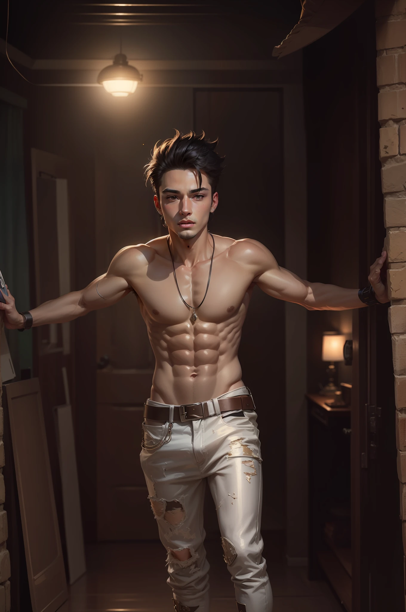 8k Handsome muscular boy, reaslitic anime style, glitter makup, wide lips, solo boy selfie, realistic face man