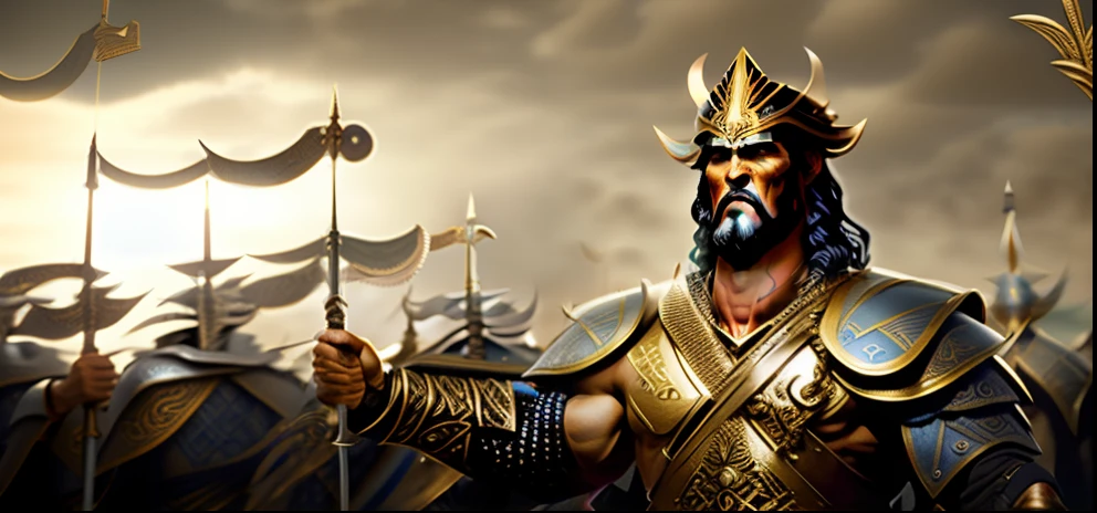imagem arafed de um homem em um traje com uma espada e uma bandeira, na captura de tela do filme 300, biblical epic movie, 300 o filme, 0 0 0 a.C., filme ainda de god of war, filme de fantasia ainda, 4 0 0 a.C., Filme 3D ainda, jason momoa as assyrian, an epic fantasy --auto