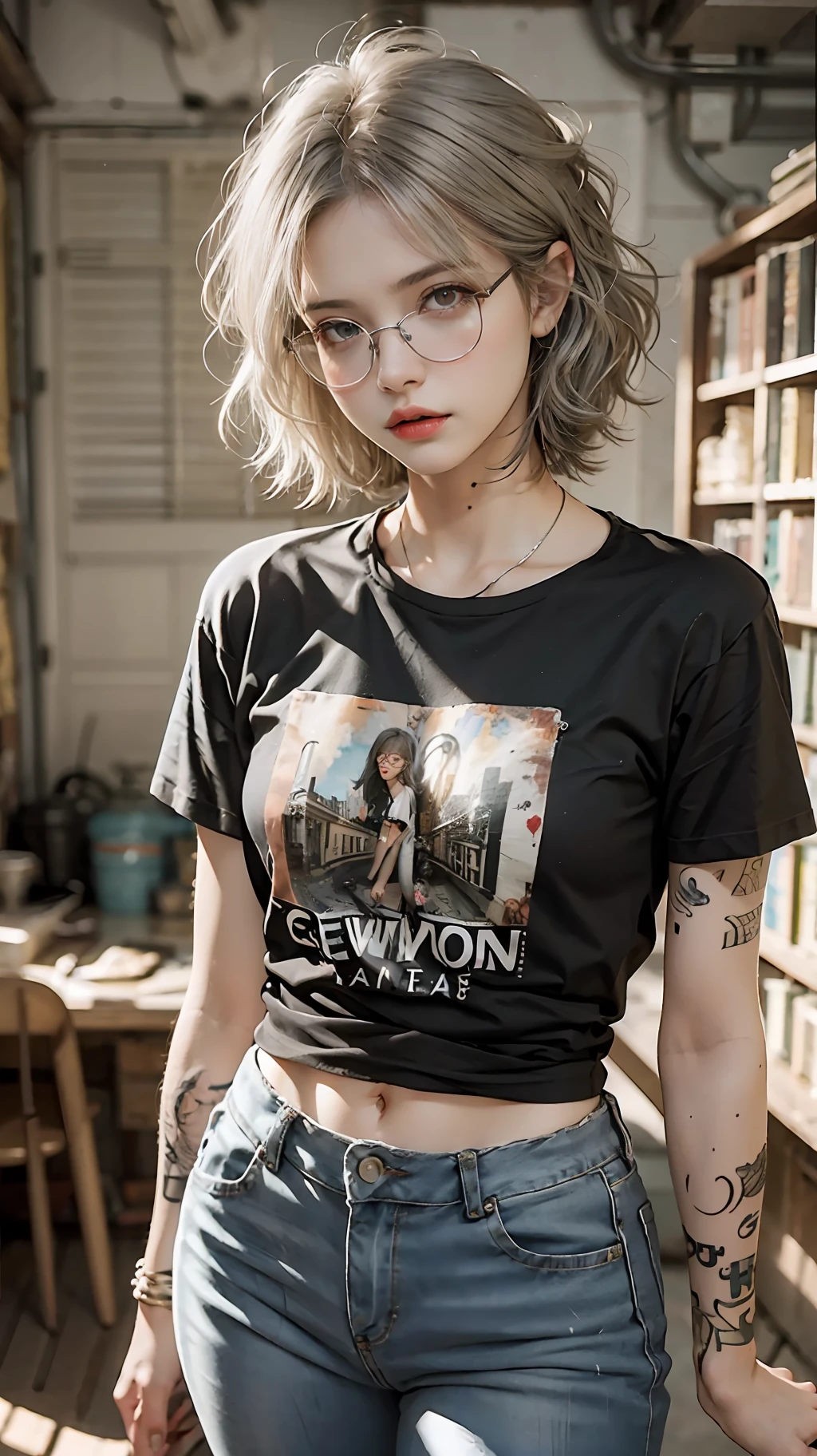 masterpiece, best quality, realistic, highly detailed, 1girl, solo, cowboy shot, preaty girl, red eyes, silver hair, short hair, glasses, thin lips, medium breats, T-shirt, skinny jeans, tomboi look, tatto,